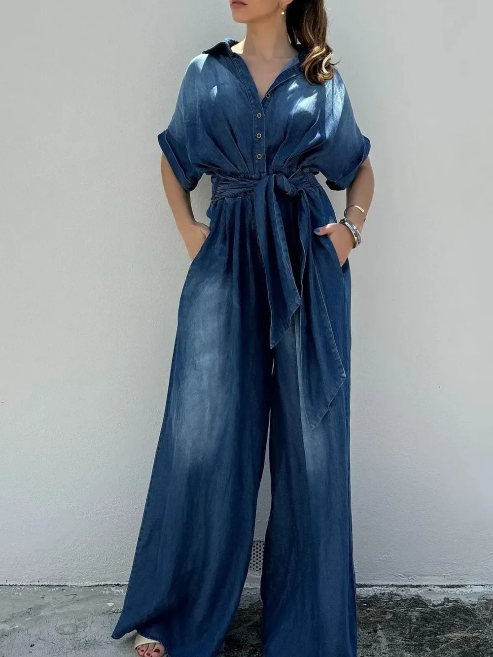 Button Front Wide Leg Denim Jumpsuit, image 3