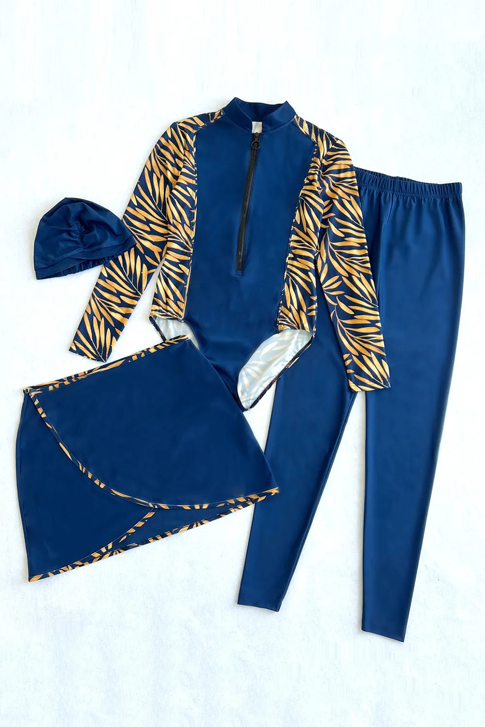 Cap, Printed Long Sleeve Swimwear, Pants and Mini Skirt Four-Piece Swim Set, image 7