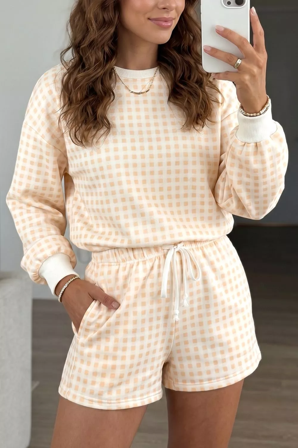 Gingham Long Sleeve Sweatshirt and Shorts Set, image 4