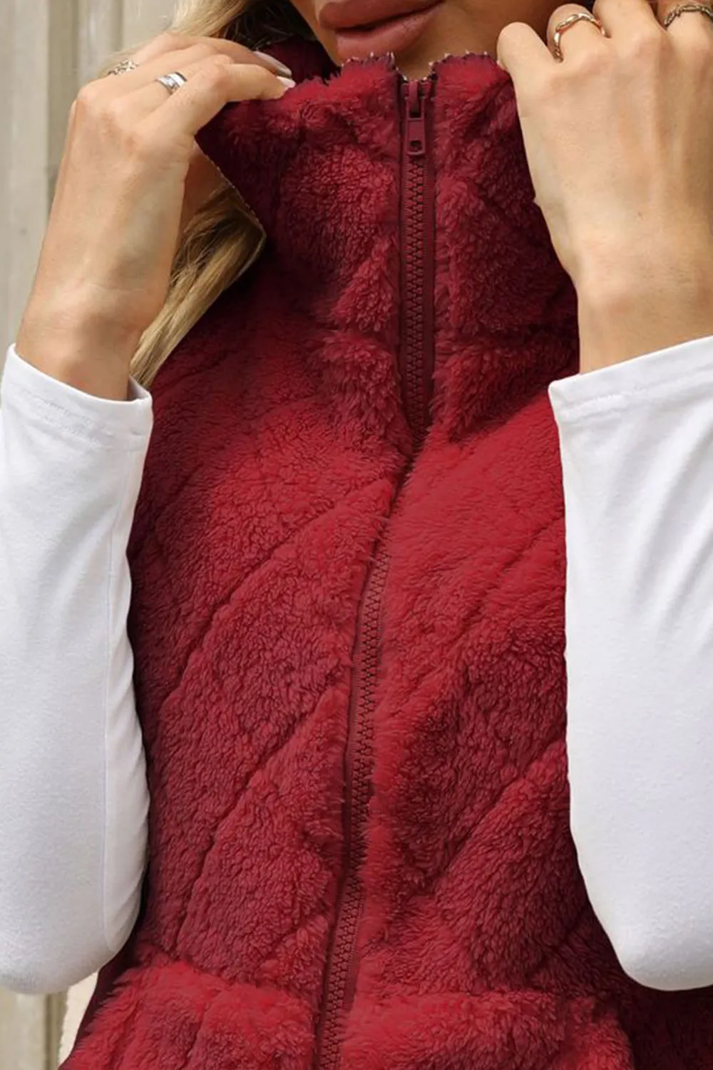 Fuzzy Plaid Texture Zip Up Vest Coat, image 8