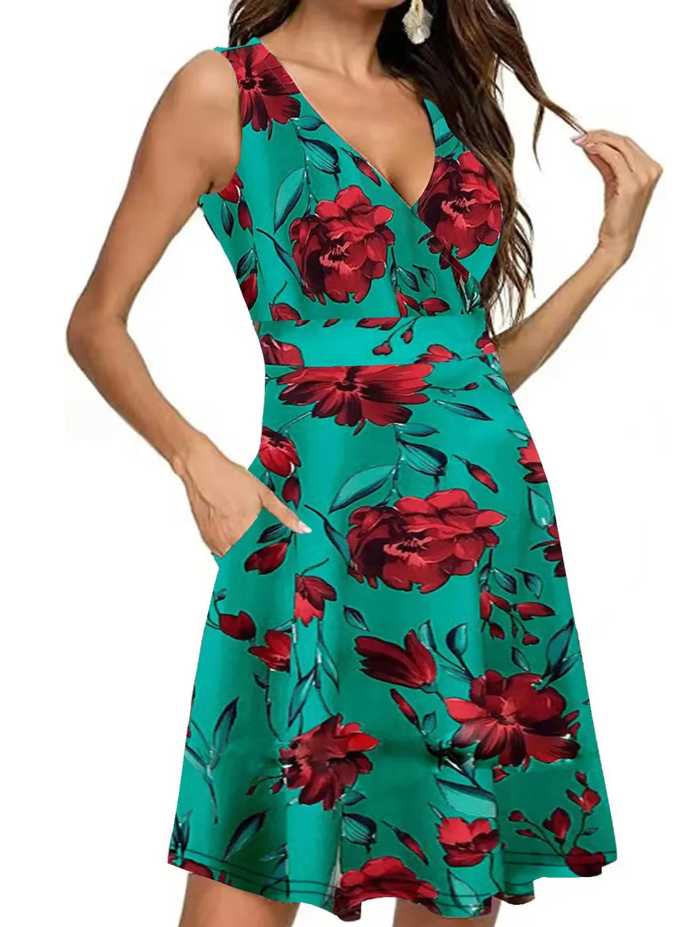 Printed Surplice Sleeveless Dress, image 7