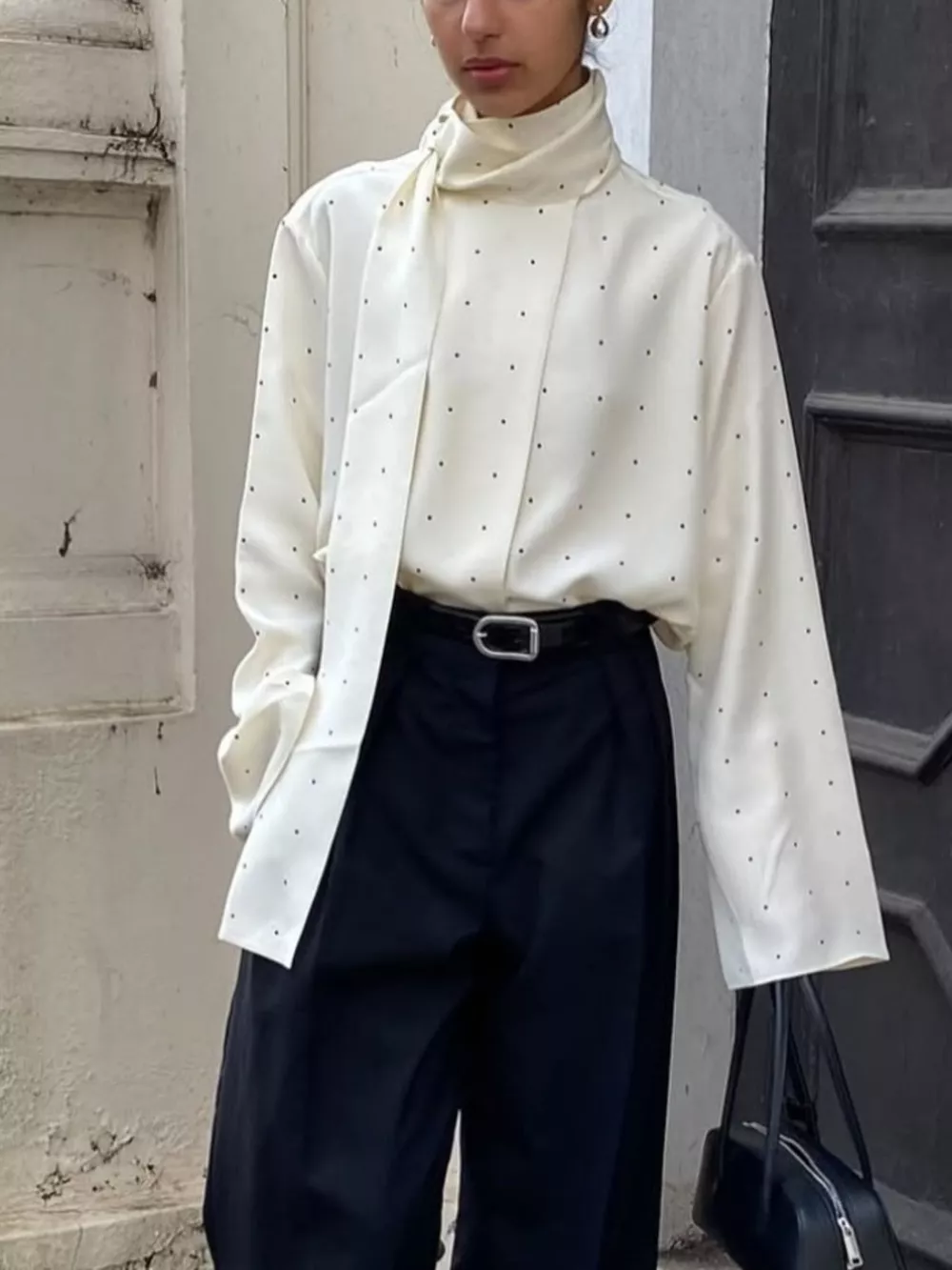 Polka Dot Silk Blouse with Scarf Neck Tie, image 4
