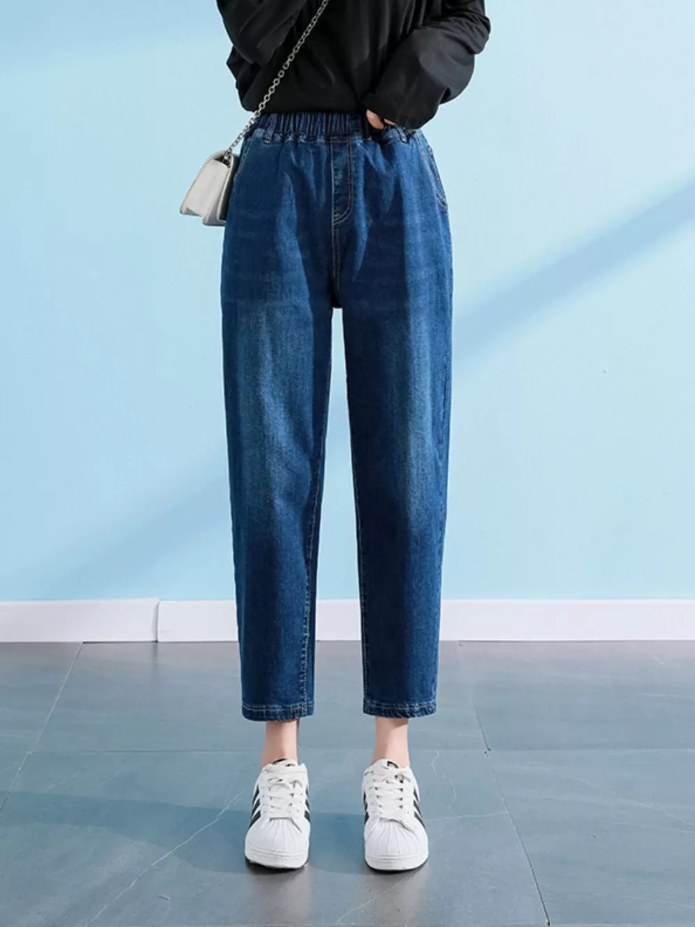 Plus Size High-Waisted Elastic Waistband Casual Jeans
