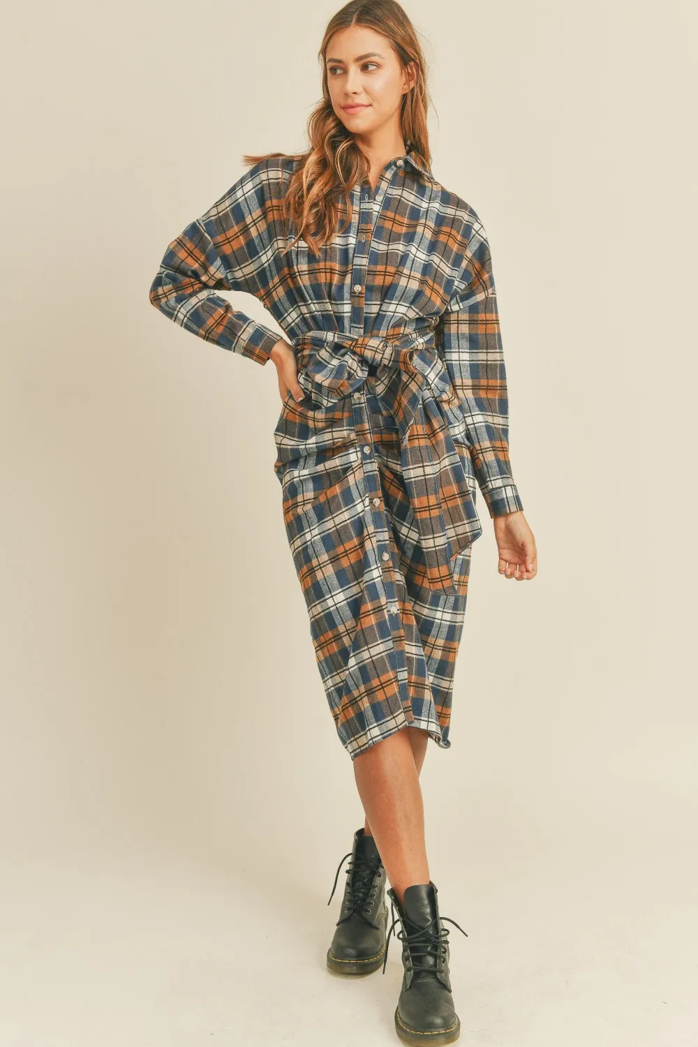 Plaid Flannel Front Tie Button Down Shirt Dress, image 4