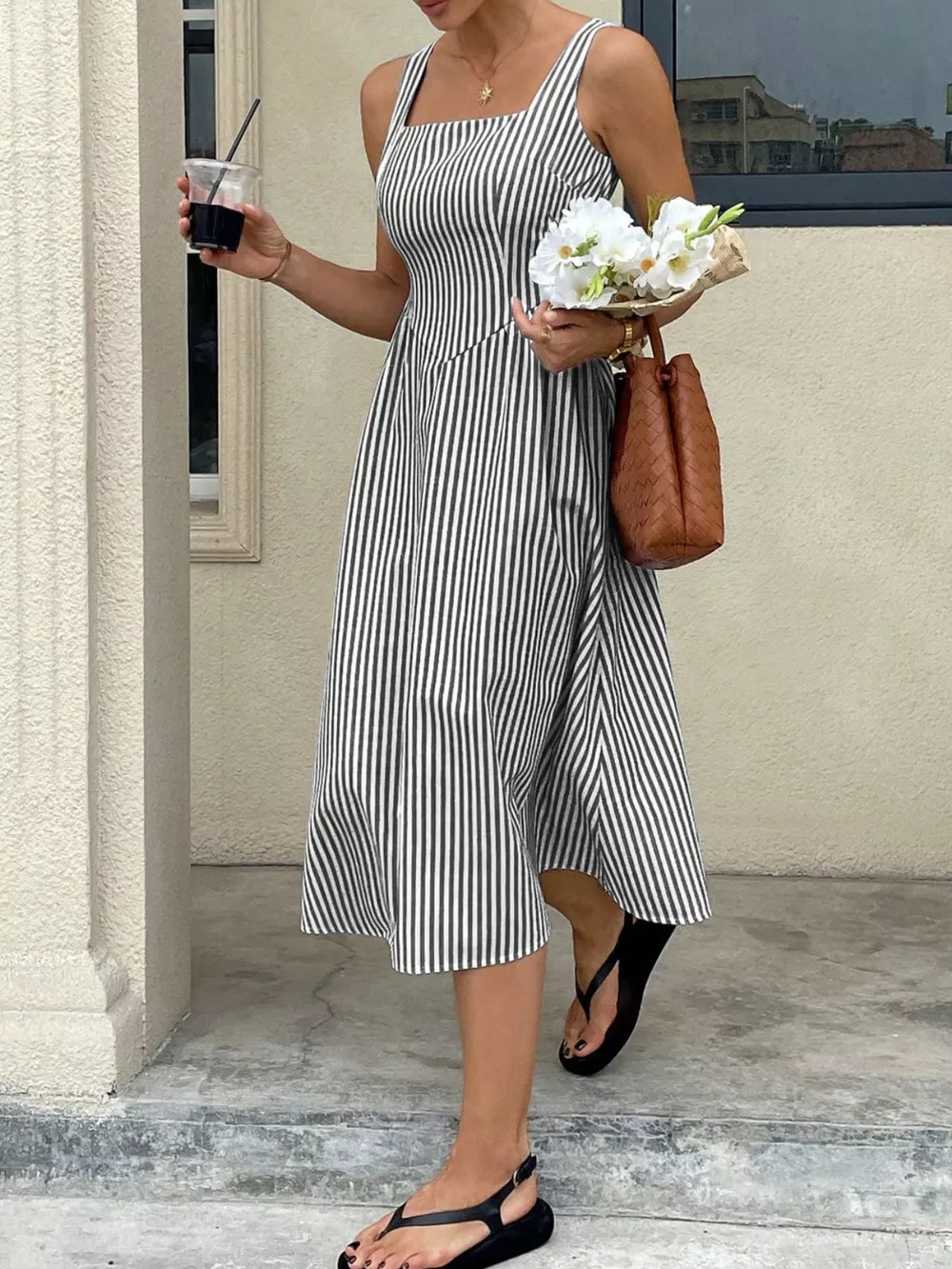 Striped Square Neck Midi Dress, image 7