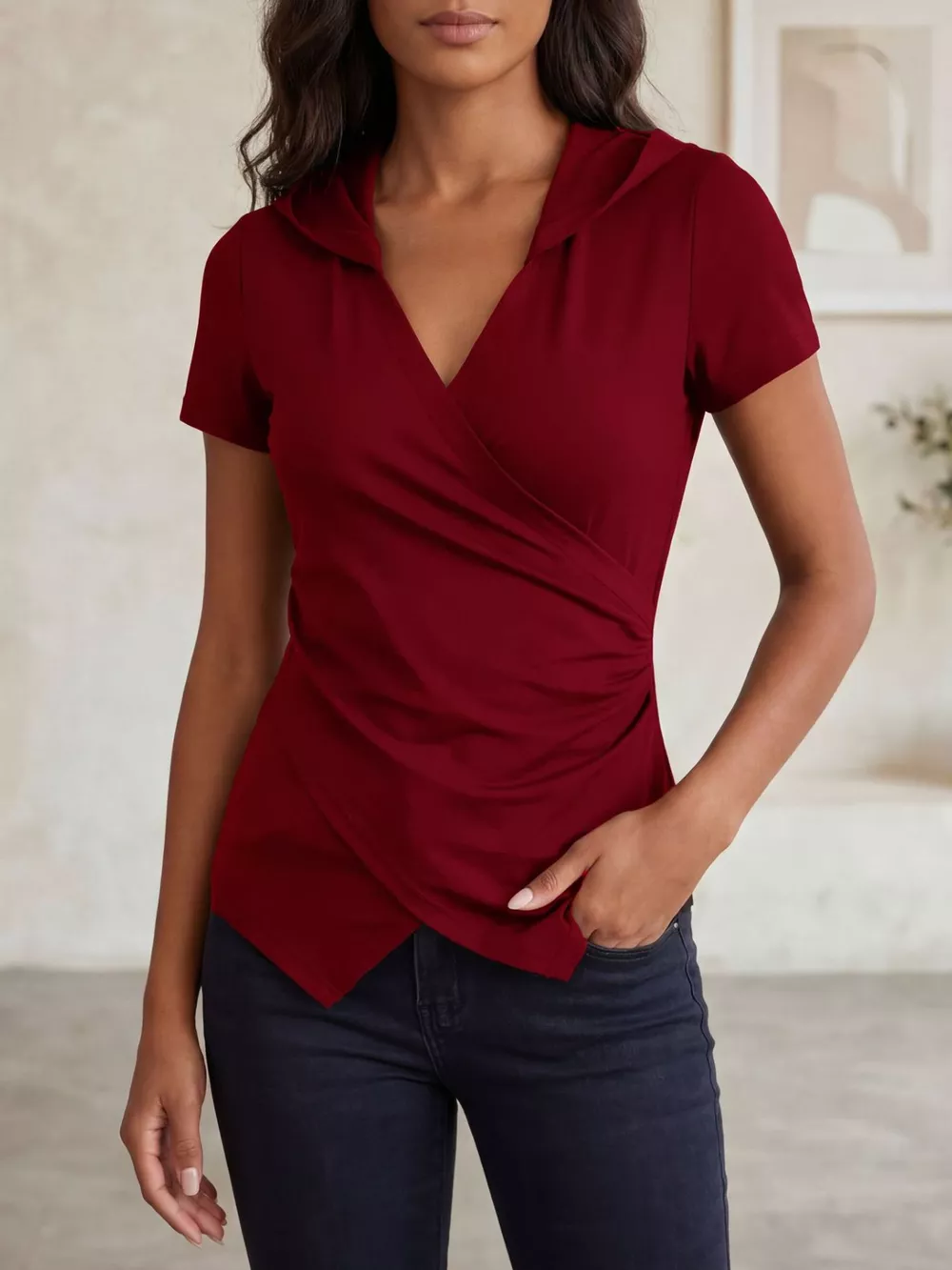 Hooded Wrap Front Slim Fit Top, image 5