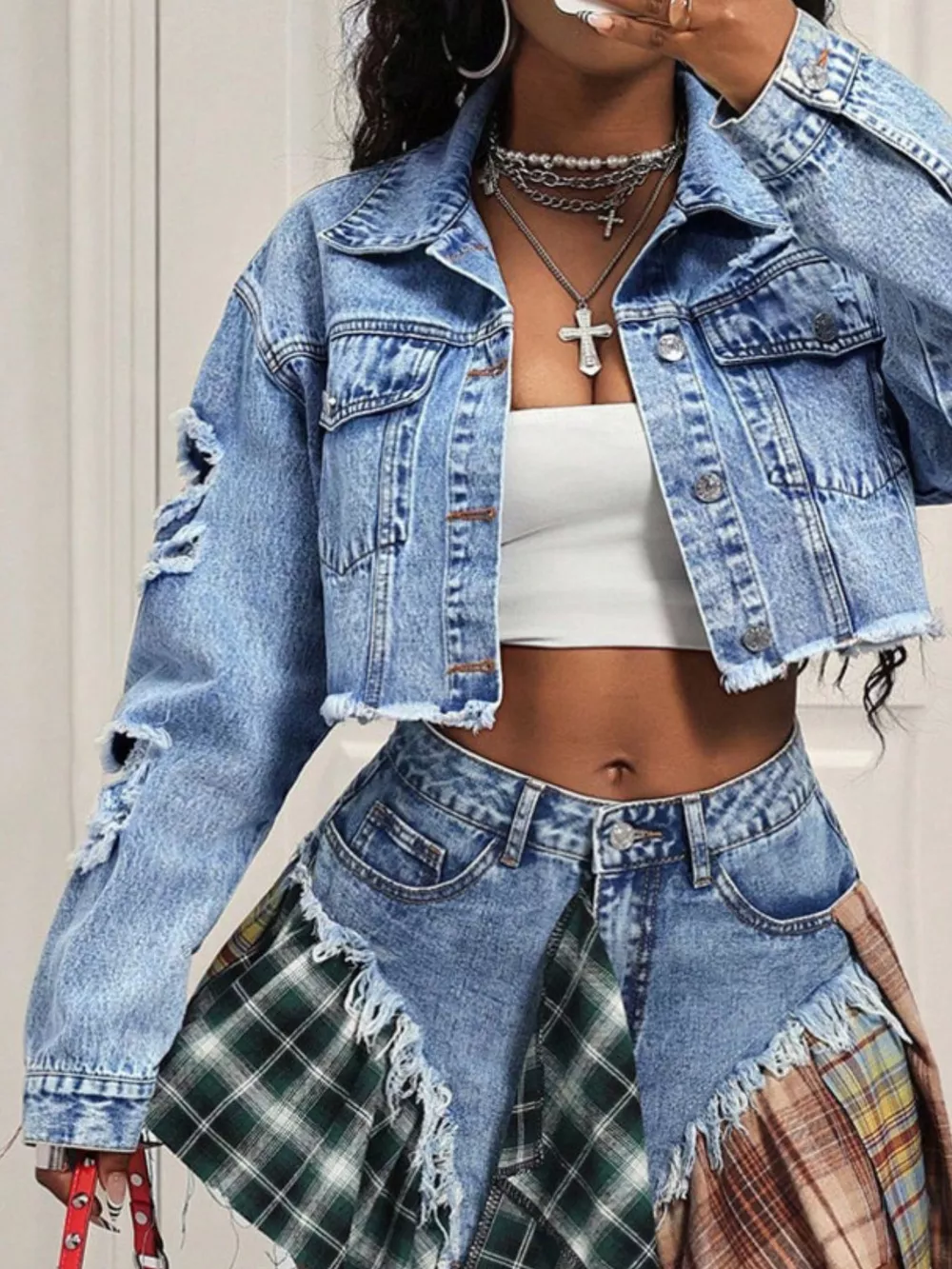 Distressed Cropped Denim Jacket, image 7