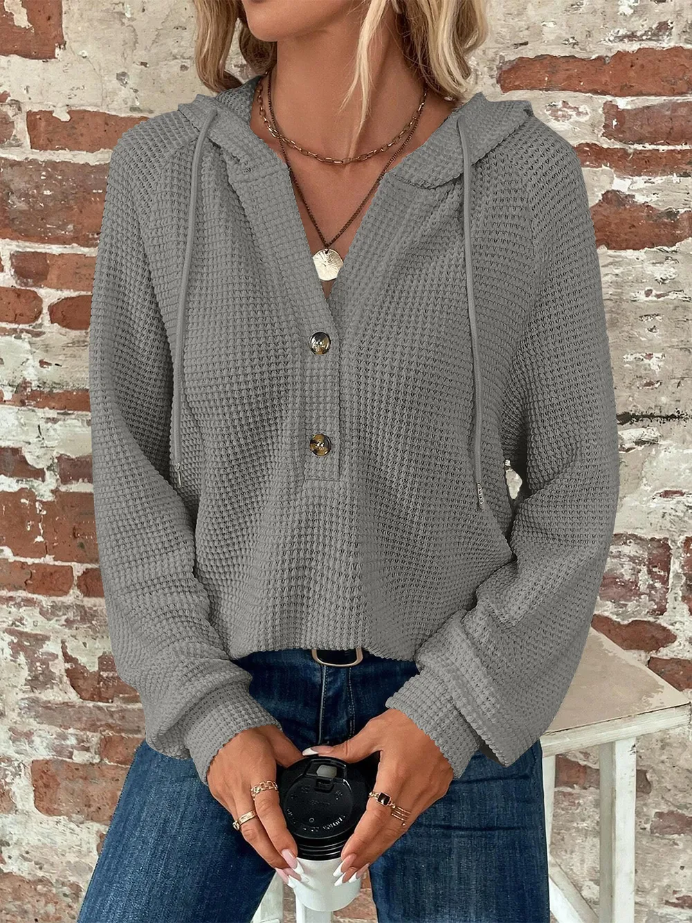 Waffle Knit Long Sleeve Drawstring Hooded Top, image 14