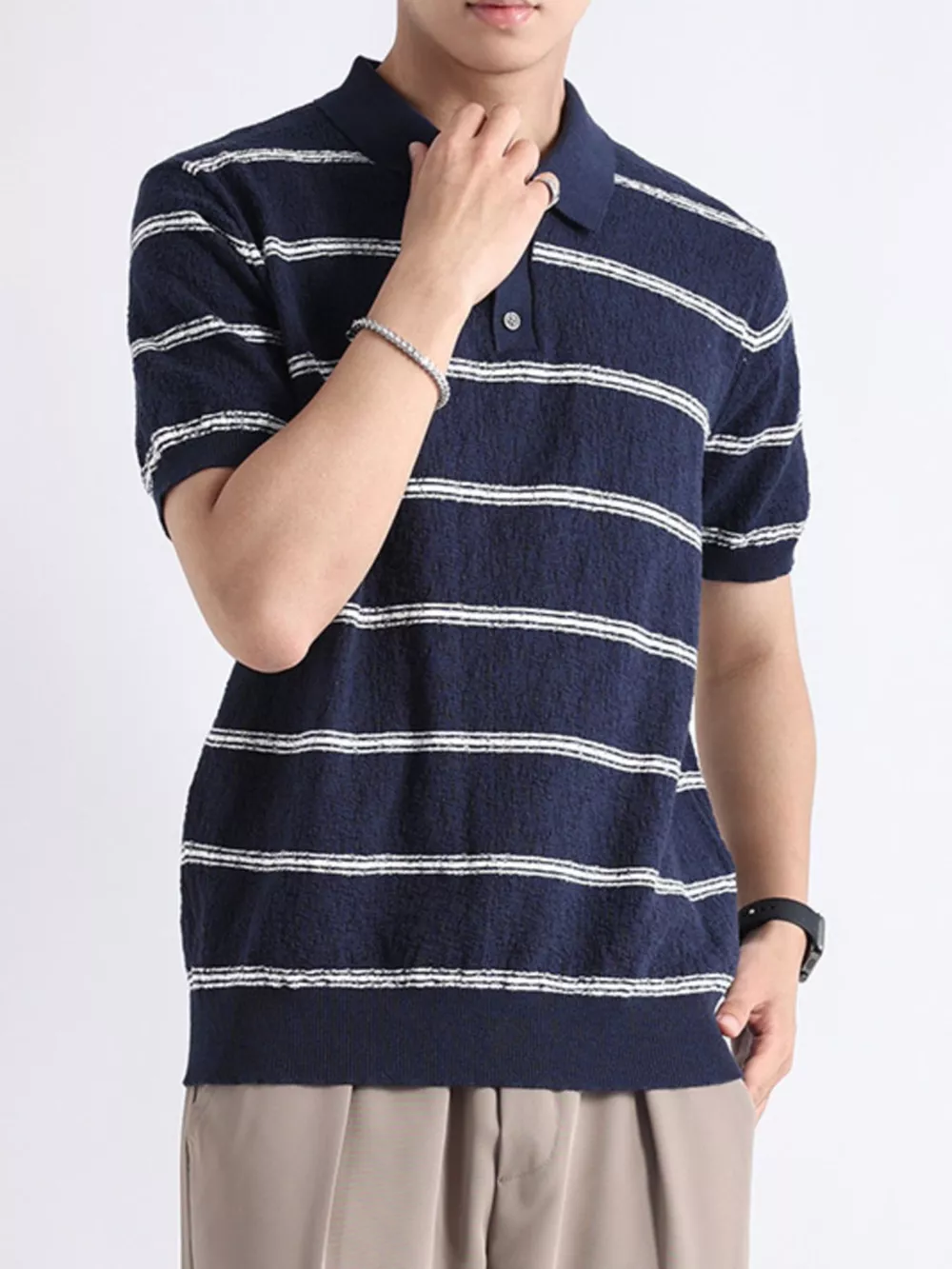 Men's Plus Size Striped Knit Button Detail Polo, image 10