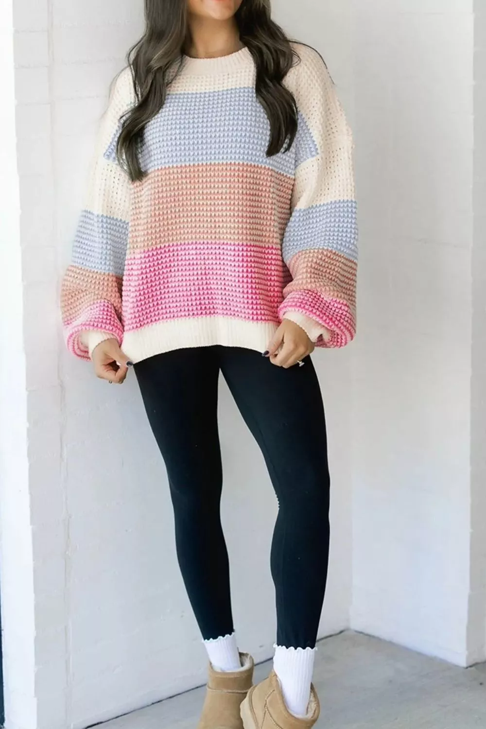 Color Block Waffle Knit Drop Shoulder Round Neck Long Sleeve Sweater, image 5