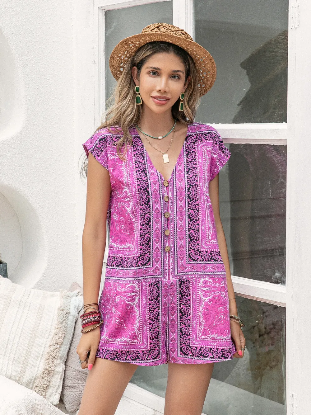 Printed V-Neck Cap Sleeve Romper, image 3
