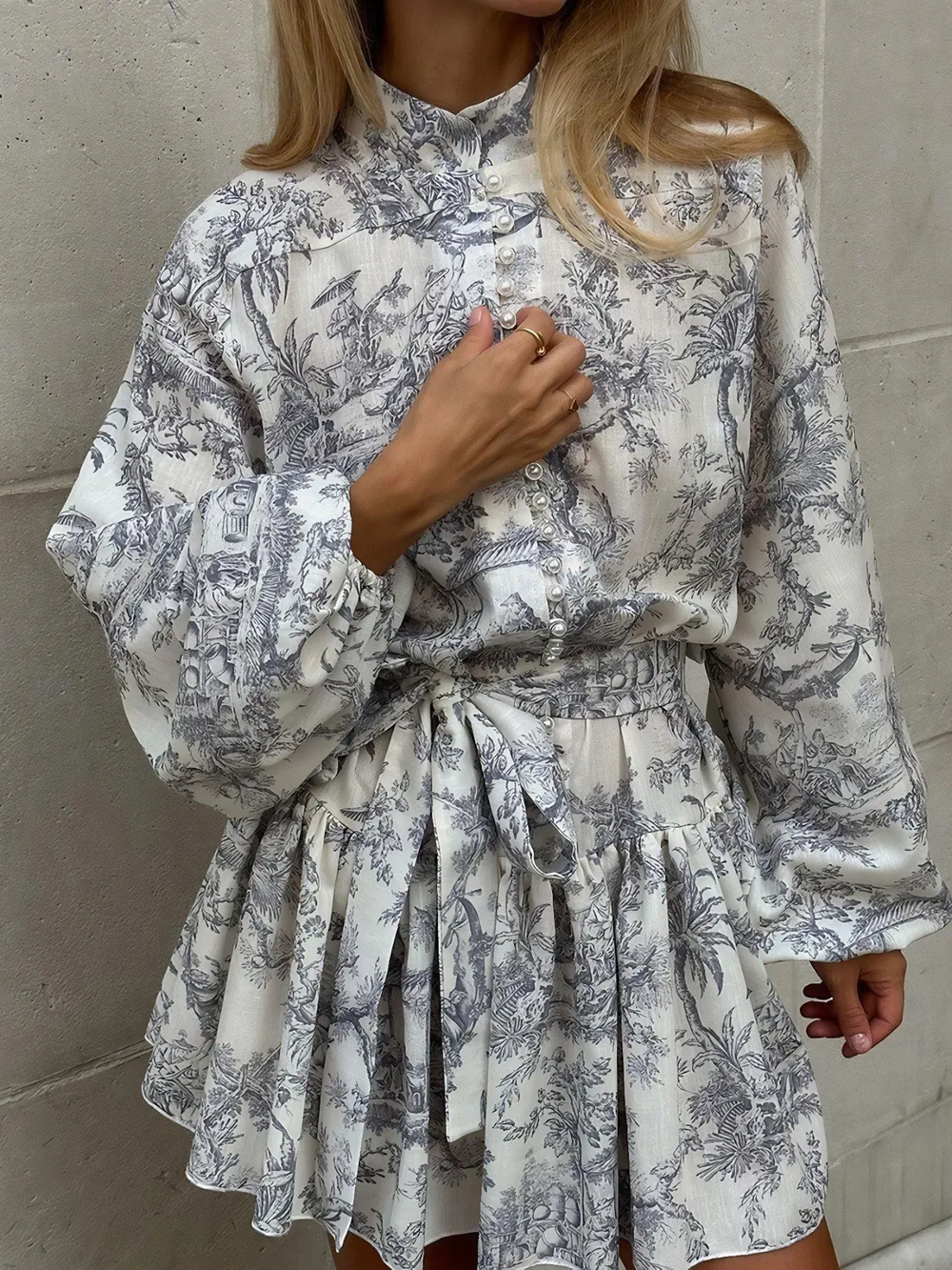 Printed Balloon Sleeve Tie Waist Dress, image 3