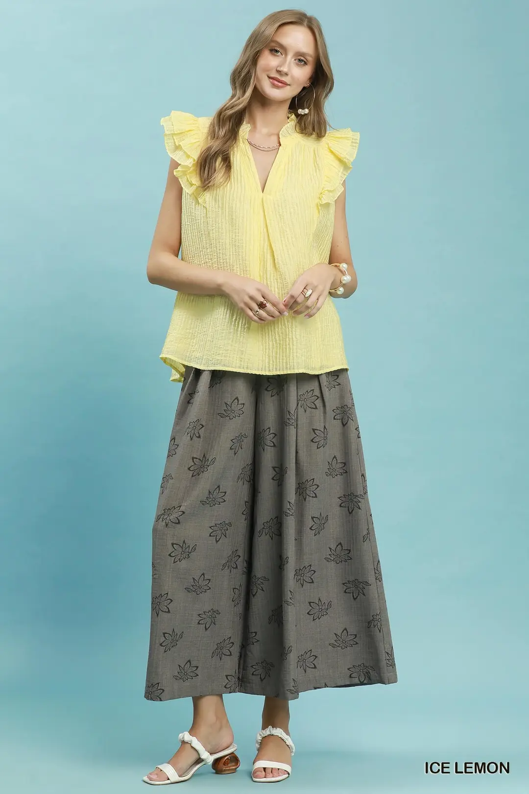 Textured Ruffle Sleeve Split V Neck Top, image 5