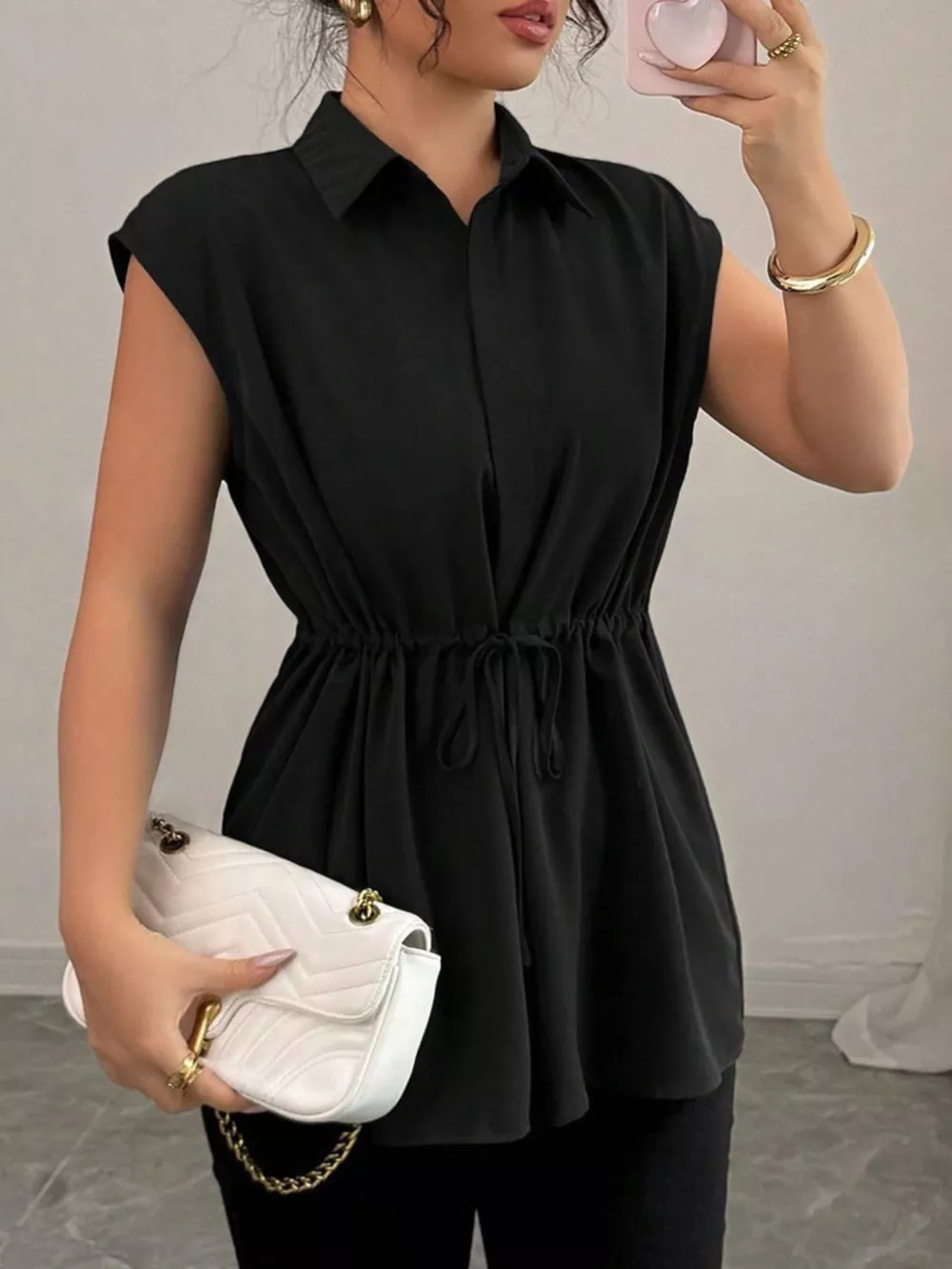 Drawstring Waist Cap Sleeve Shirt, image 10