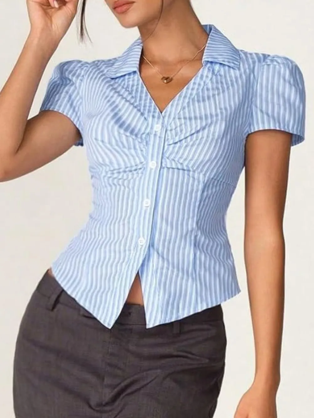 Striped Collared Neck Short Sleeve Shirt, image 8