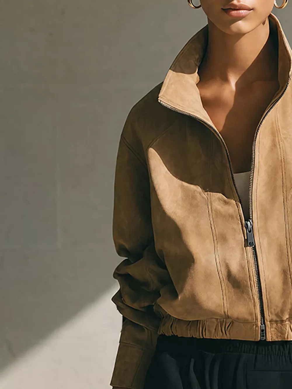 Suede Zip-Up Stand Collar Cropped Jacket, image 2