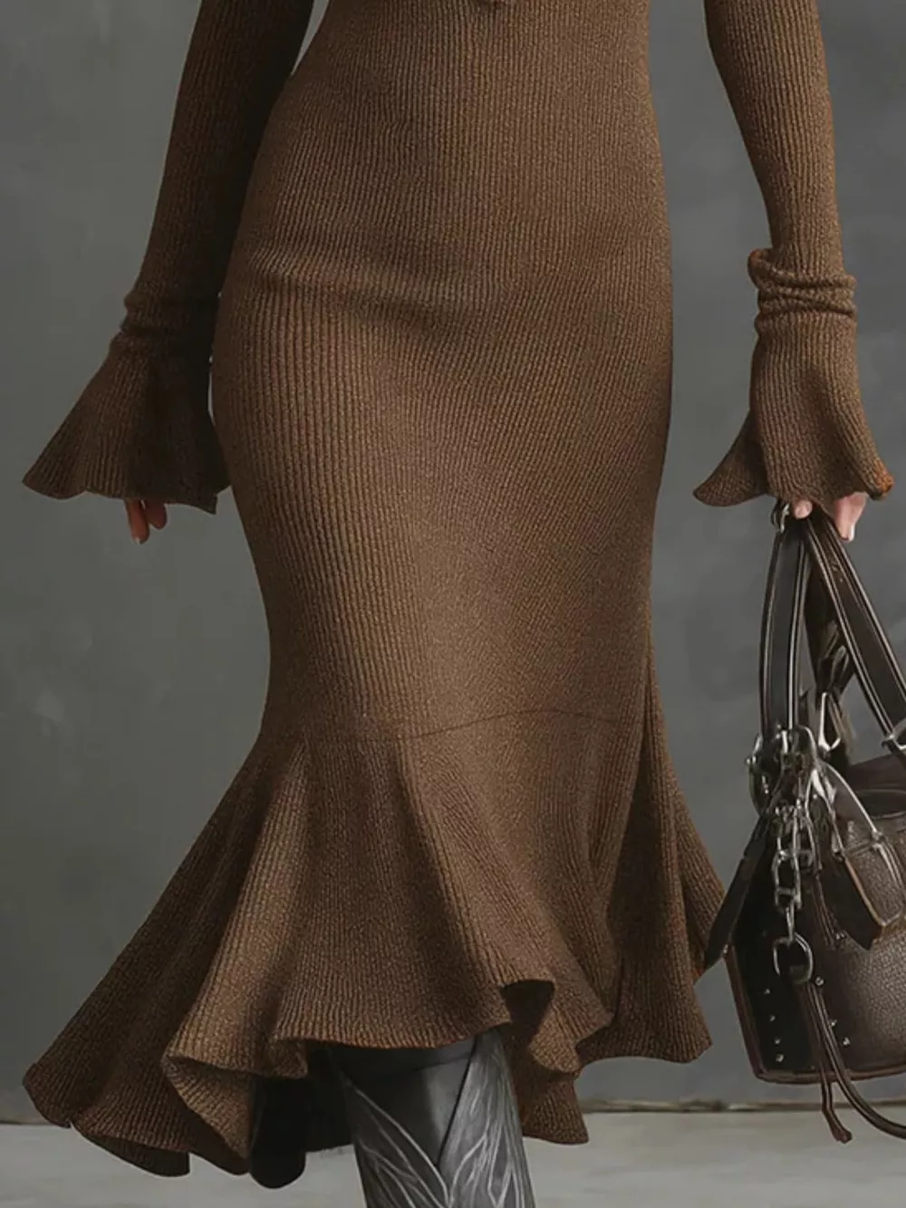 Ribbed Knit Zip Front Flare Hem Midi Dress, image 7