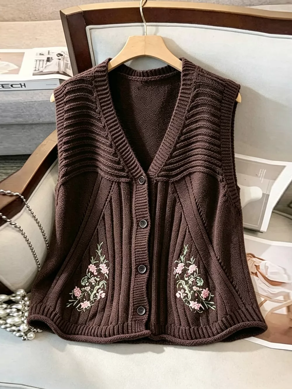 Floral Embroidered V-Neck Button-Down Sweater Vest, image 14