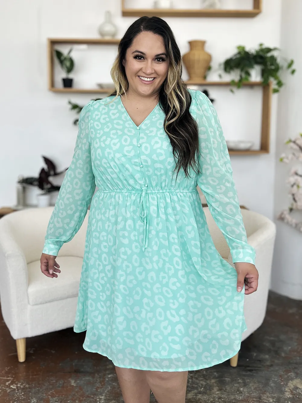 Full Size Printed Ruched V-Neck Long Sleeve Dress, image 5