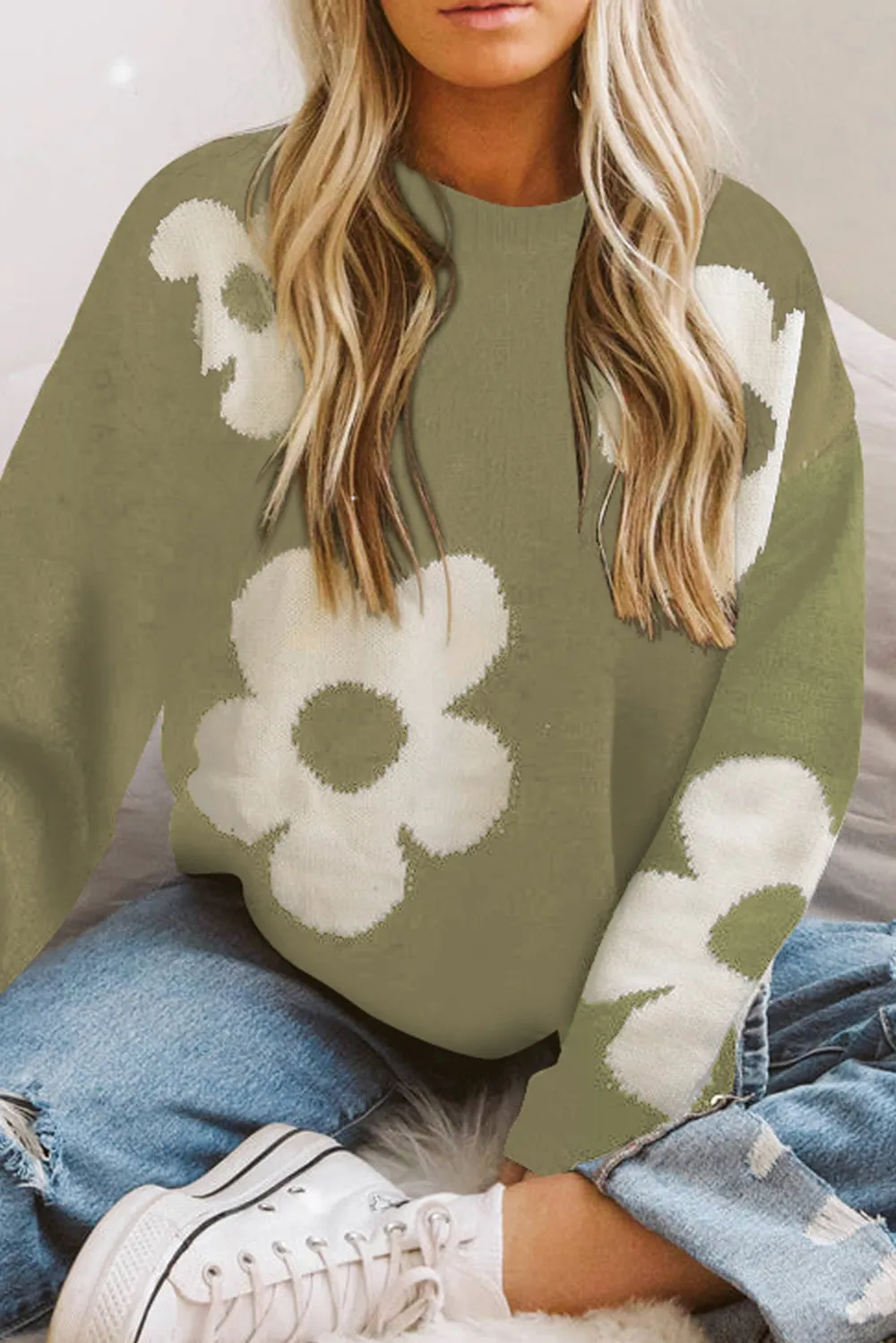 Round Neck Floral Pattern Color Contrast Design Long Sleeve Sweater, image 8