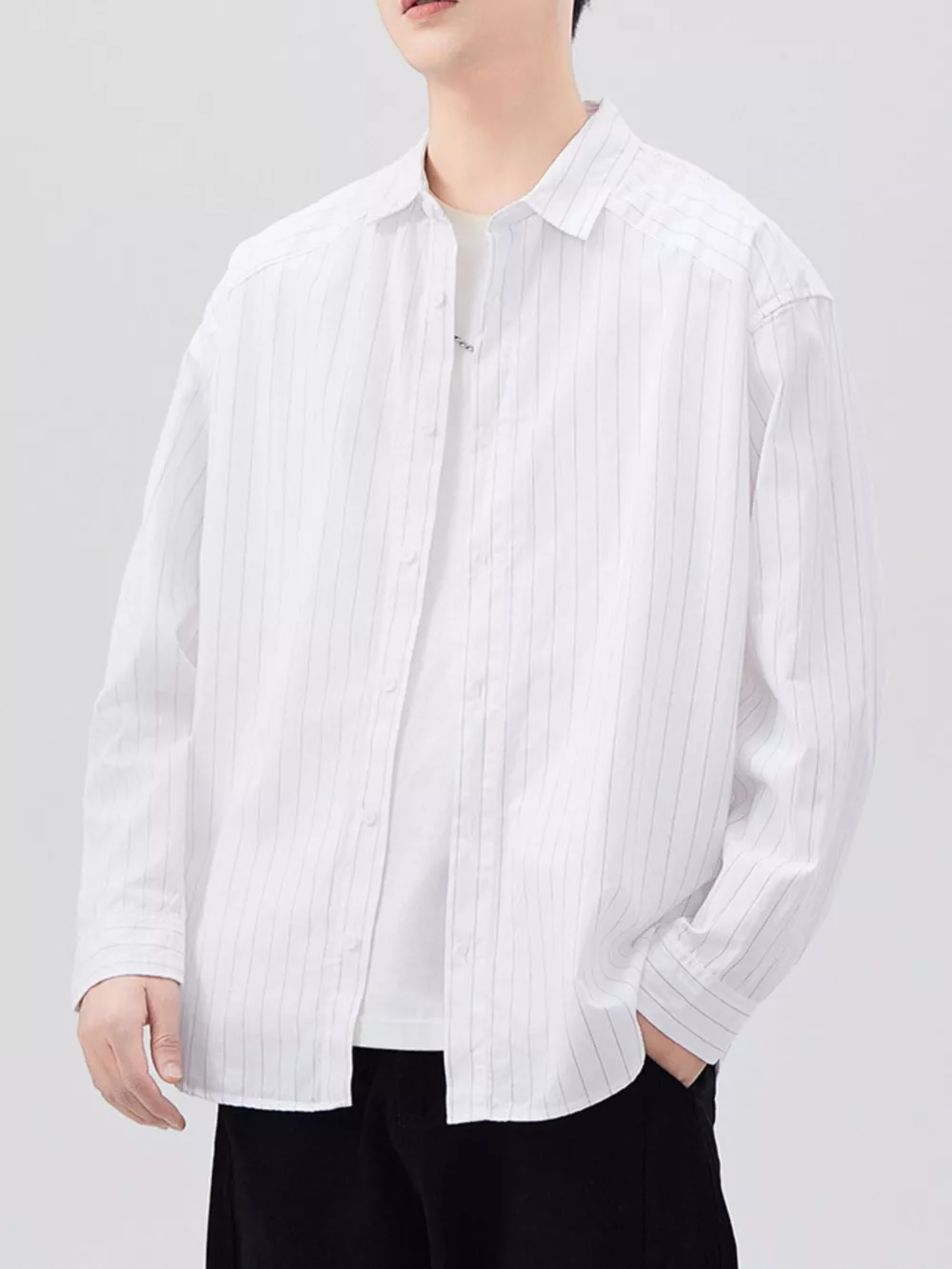 Men's Plus Size Striped Button Up Long Sleeve Shirt, image 3