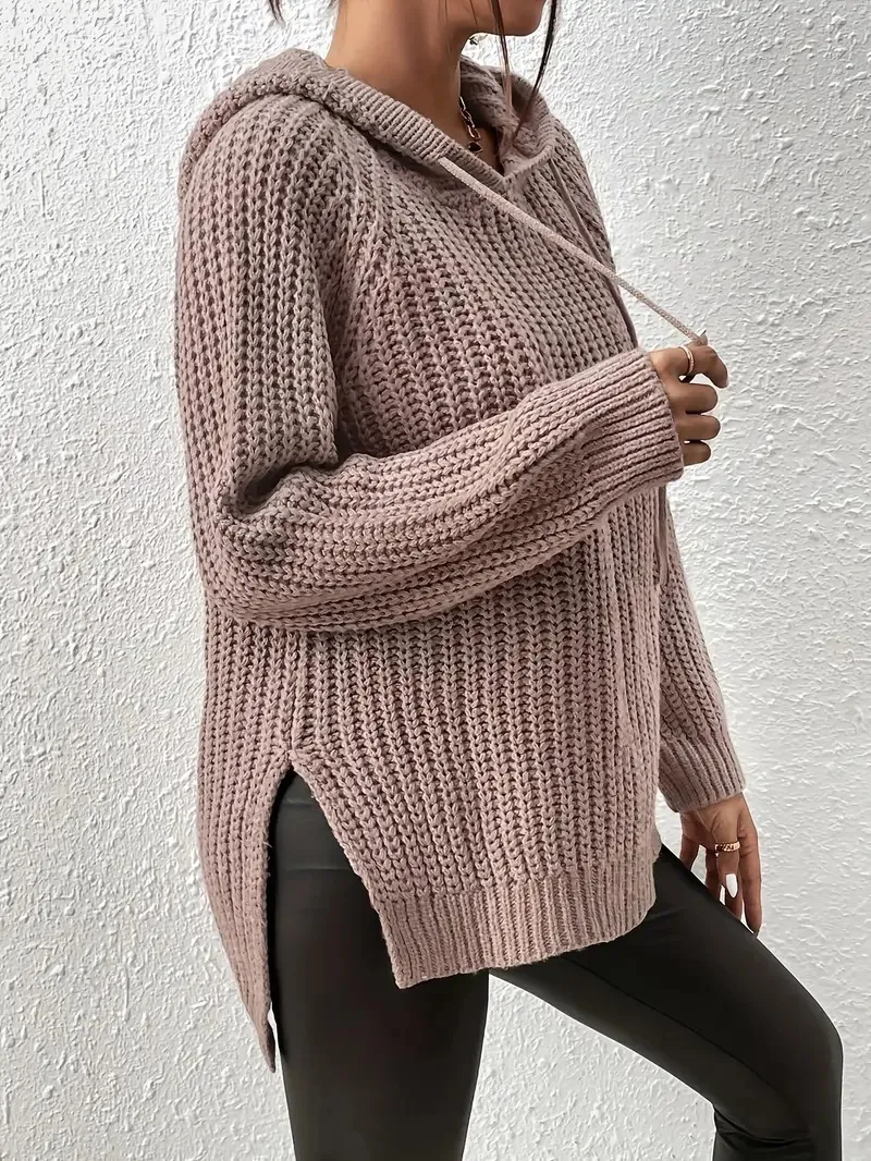 High-Low Side Slit Drawstring Long Sleeve Hooded Sweater, image 3
