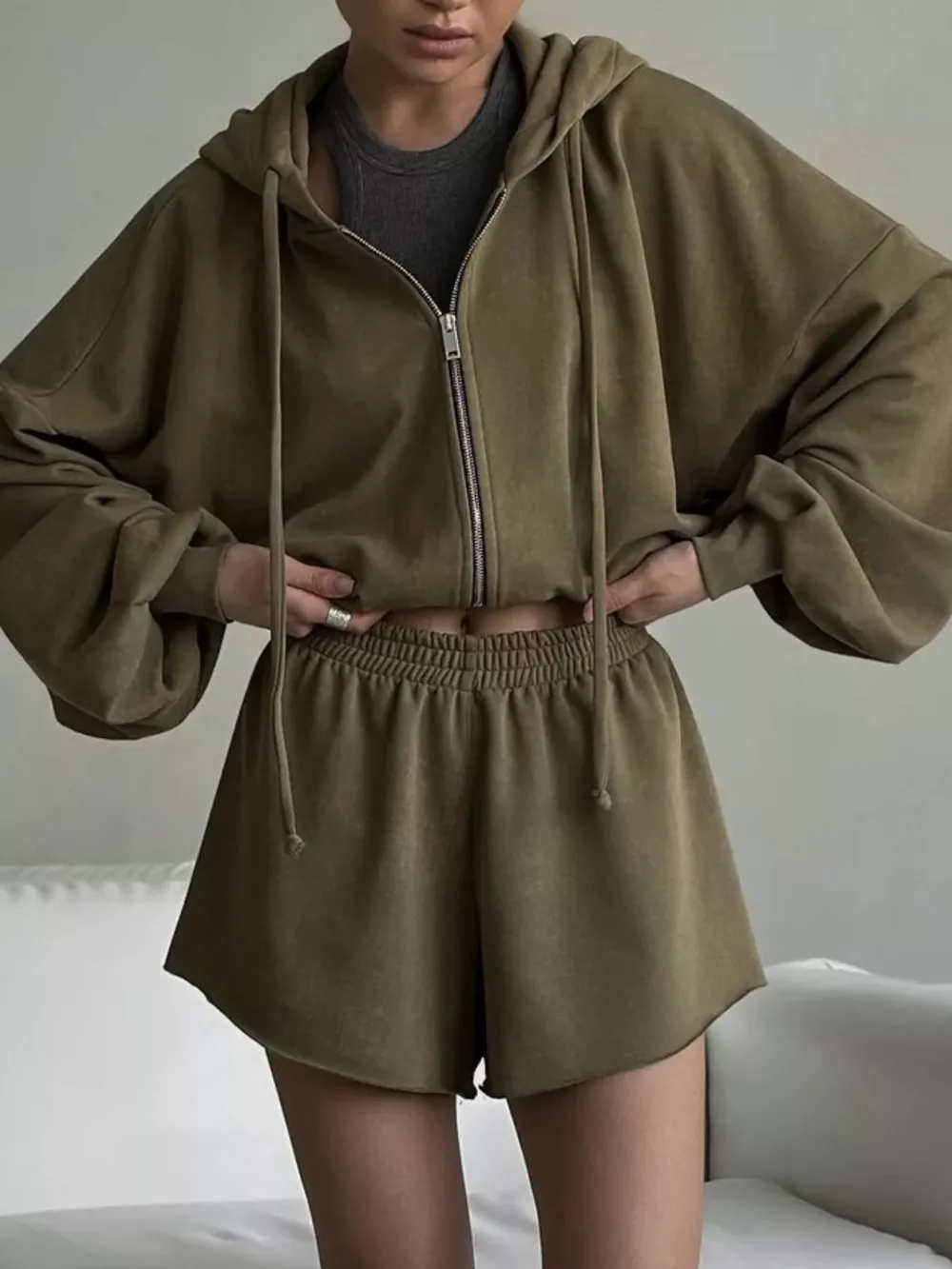 Zip Up Long Sleeve Outerwear and Shorts Set, image 23