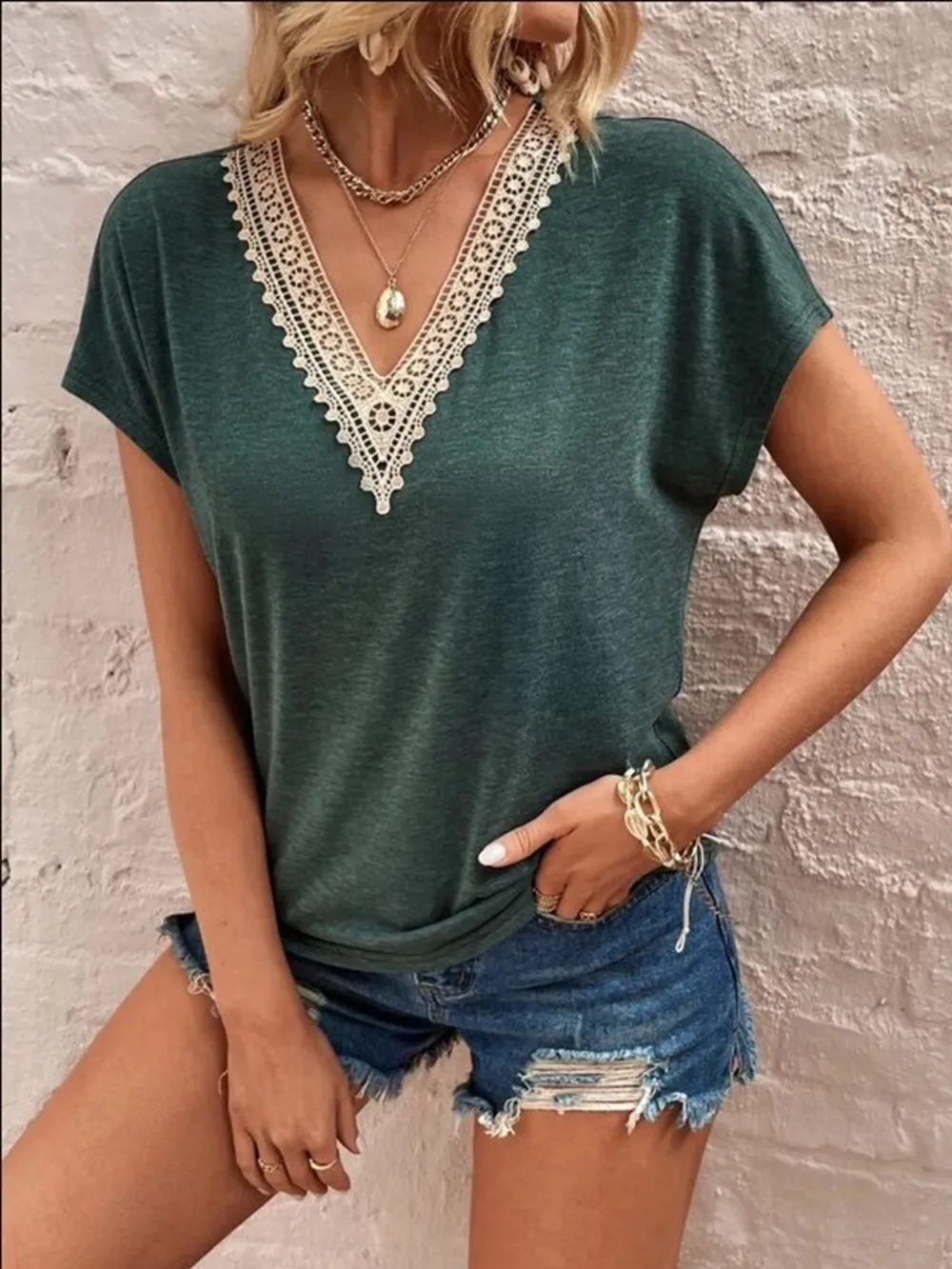 Full Size Lace Detail V-Neck Short Sleeve T-Shirt, image 6