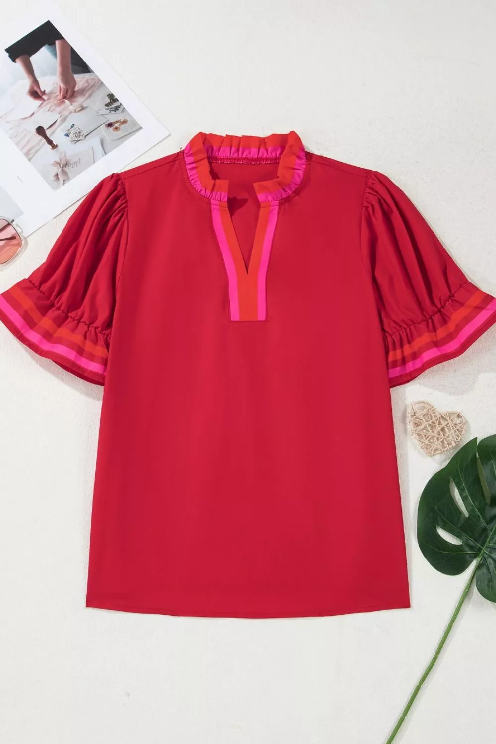 Ruffled Sleeve Notched Blouse with Striped Detail, image 5