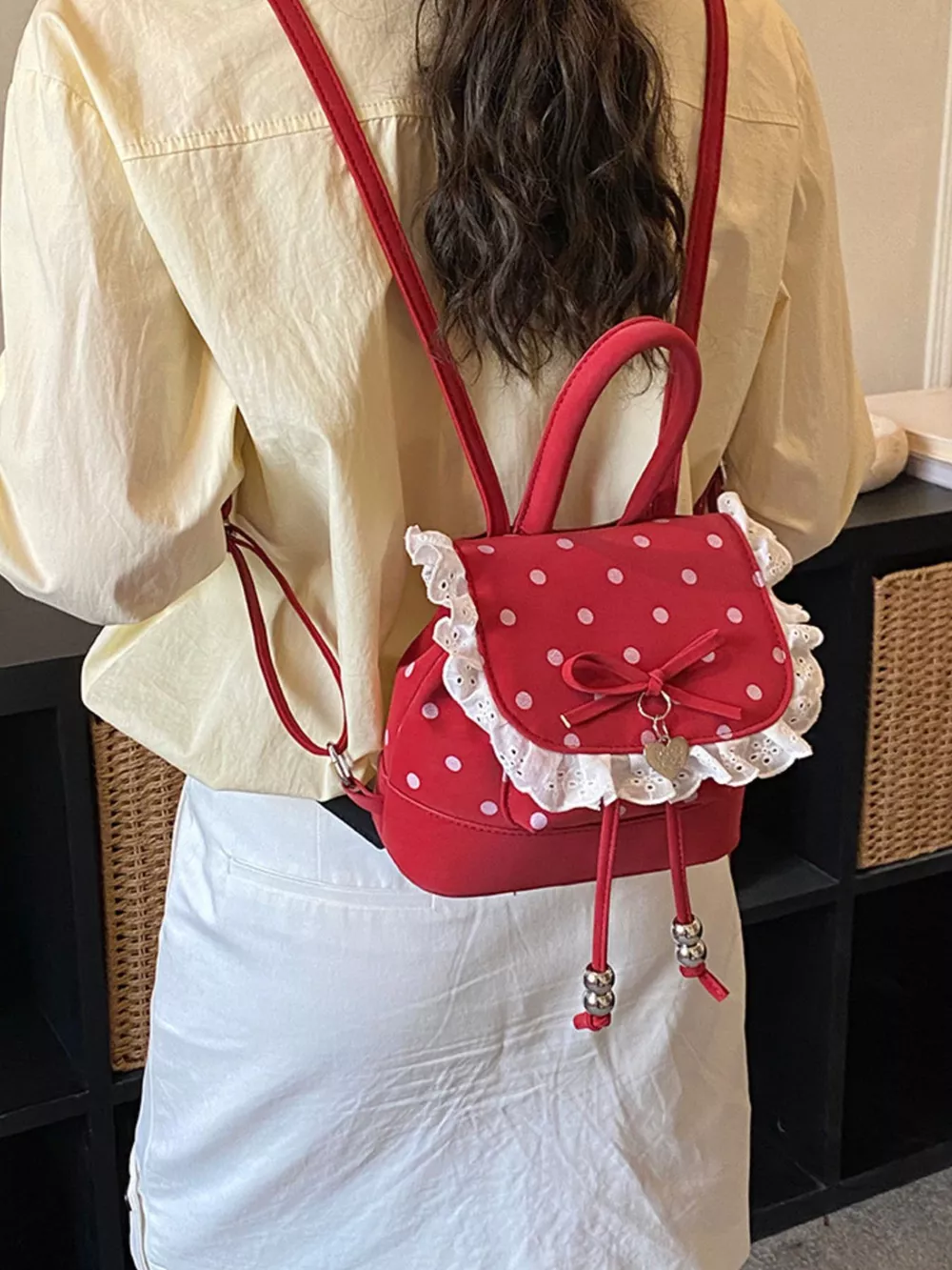 Polka Dot Lace Trim Backpack Bag, image 10