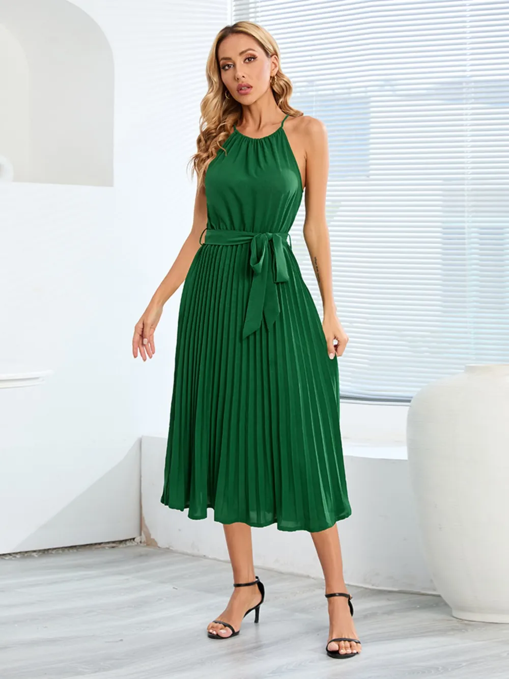 Pleated Spaghetti Strap Tie Waist Midi Dress, image 20