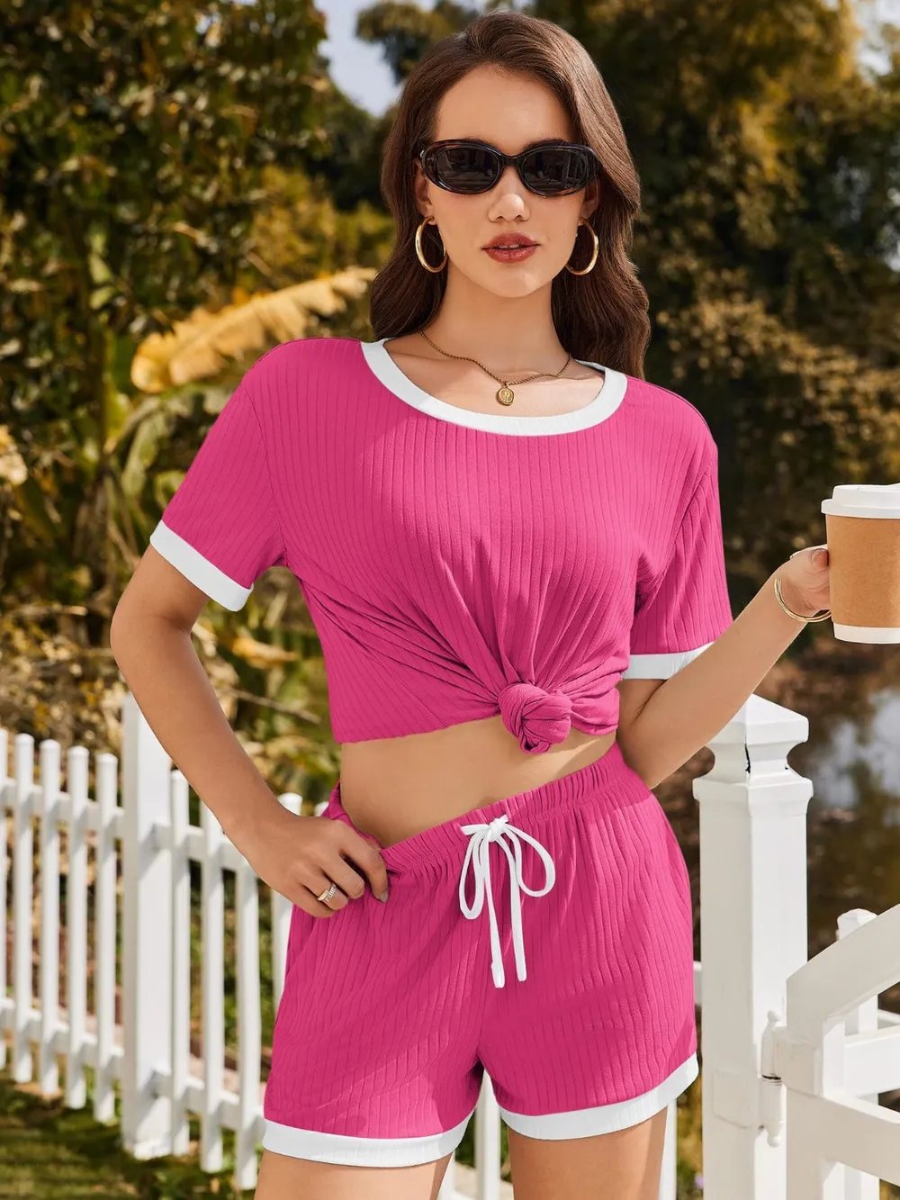 Ribbed Round Neck Top and Shorts Set, image 4
