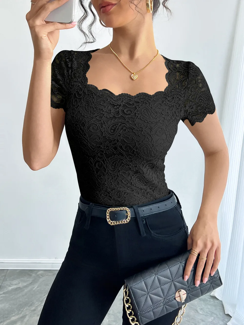 Floral Lace Square Neck T-Shirt, image 9