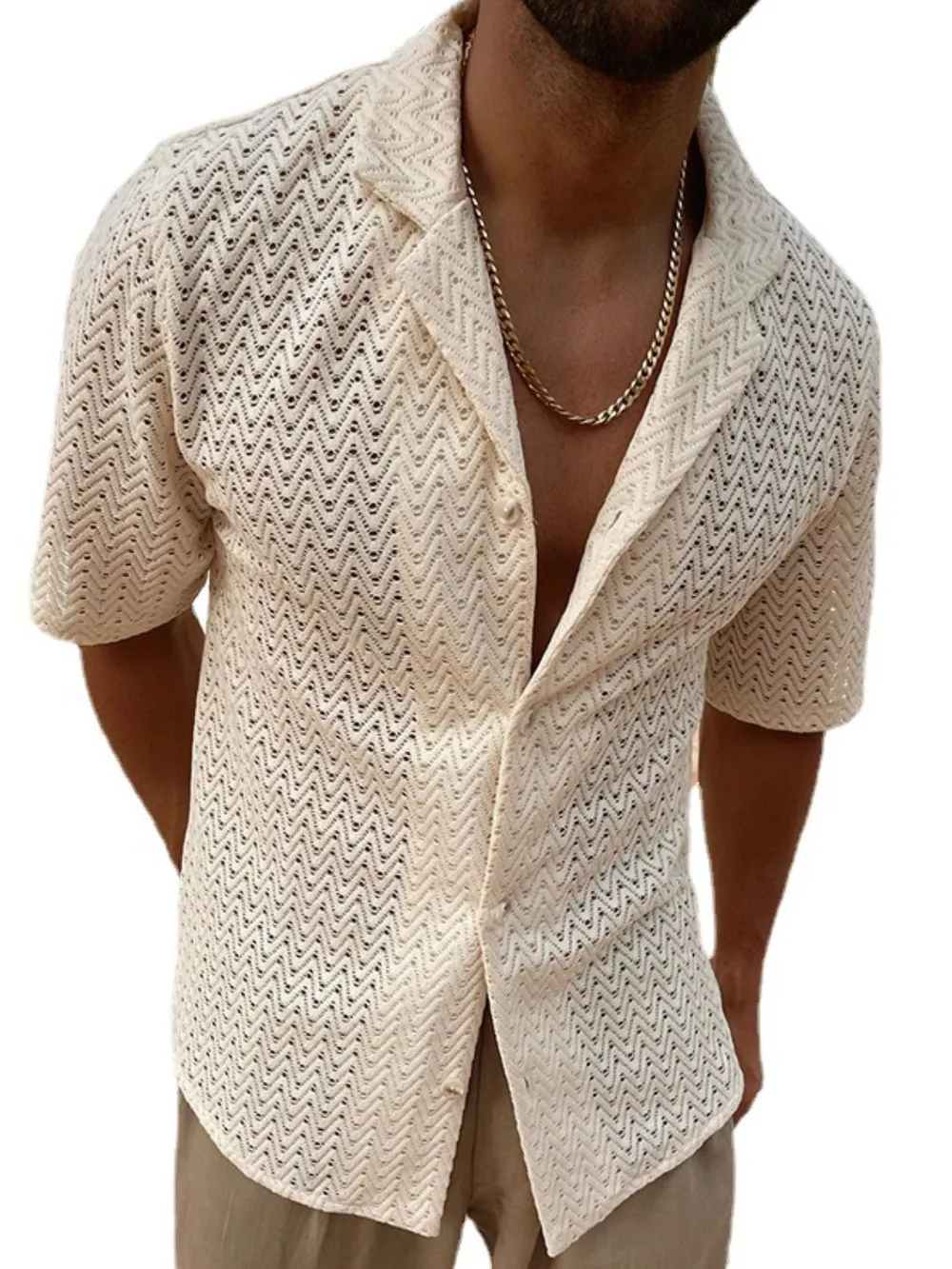Men's Plus Size Herringbone Eyelet Button Down Knit Shirt, image 5