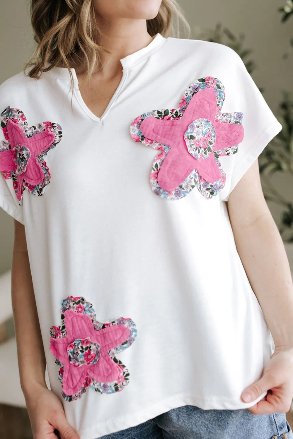 Floral Applique Notched Dolman Sleeve Top, image 5