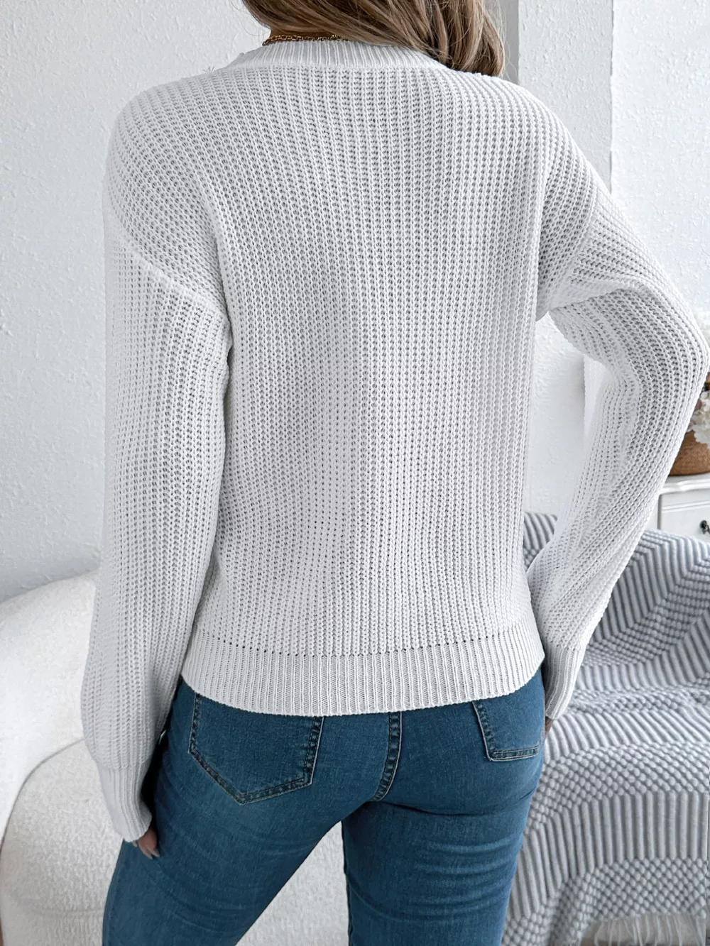 Openwork Round Neck Sweater, image 3