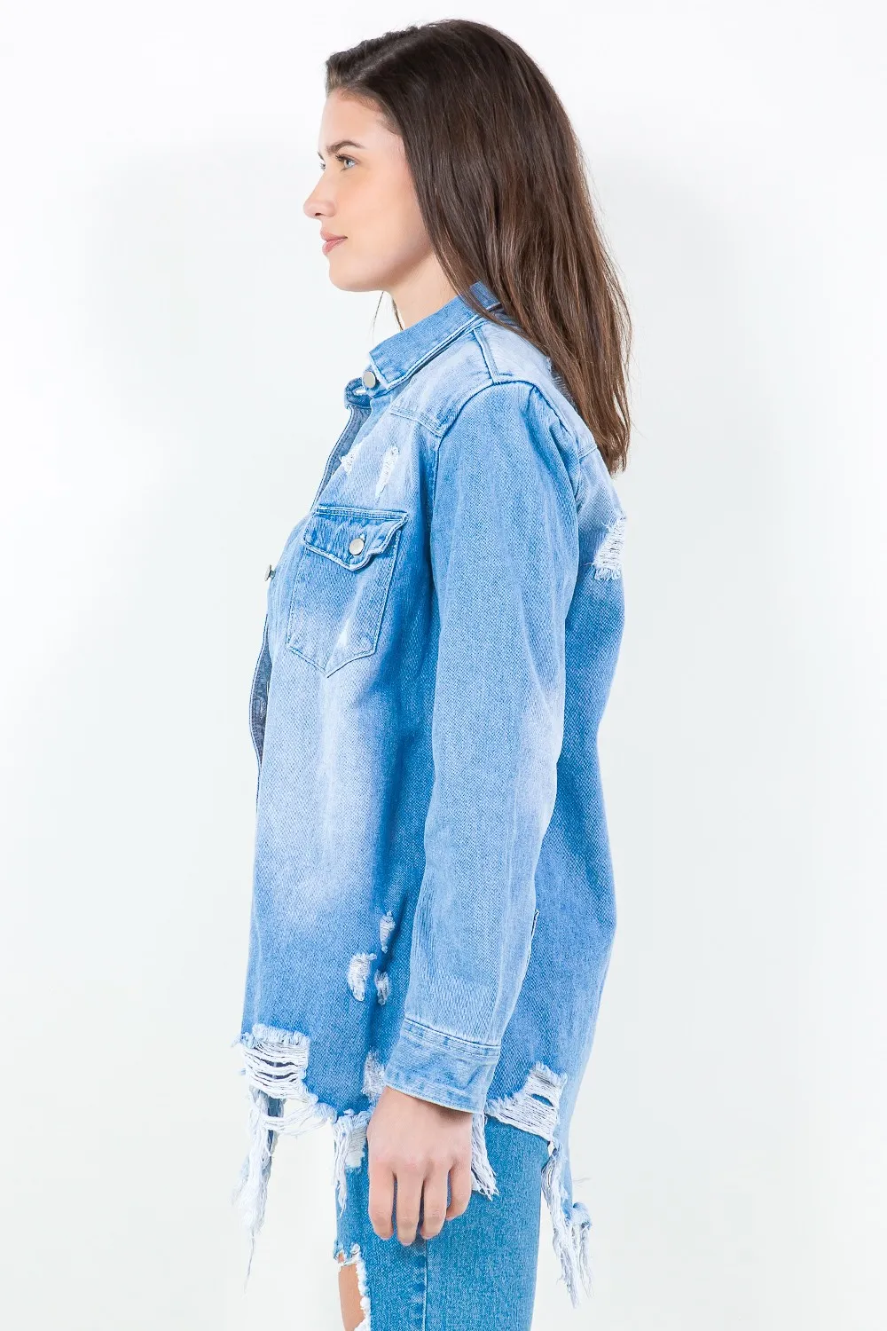 Frayed Hem Distressed Denim Shirt Jacket, image 2