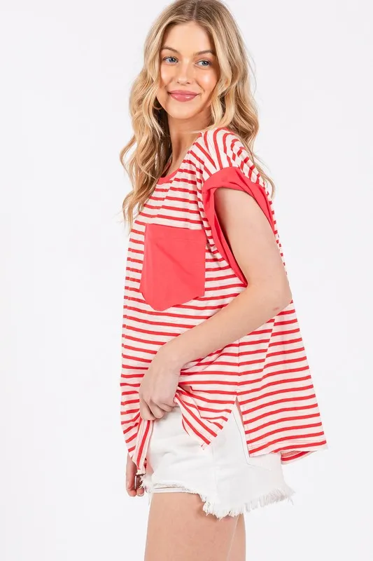 Ces Femme Side Slit Striped Cap Sleeve T-Shirt, image 3