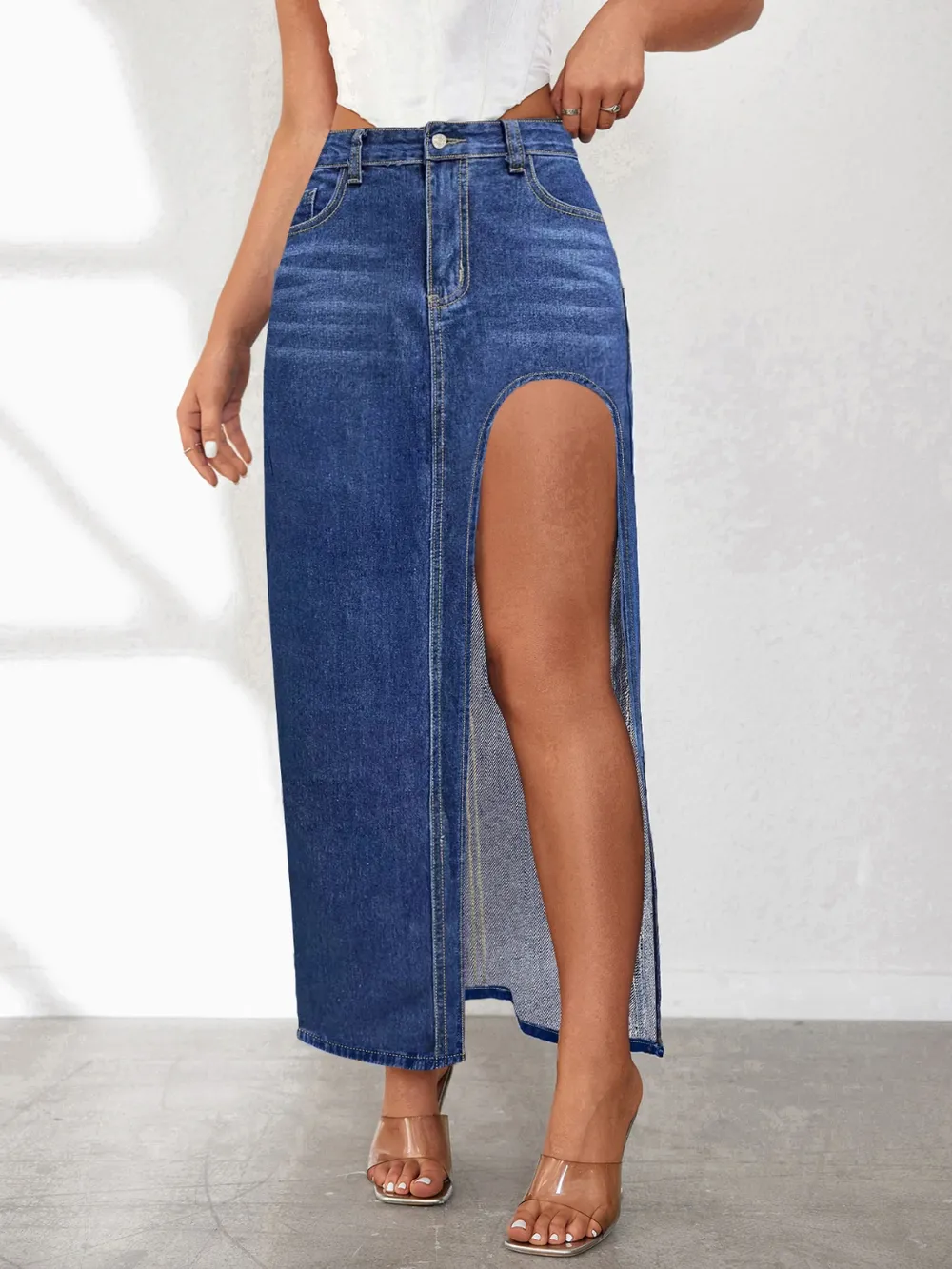 High Rise Slit Denim Skirt, image 6
