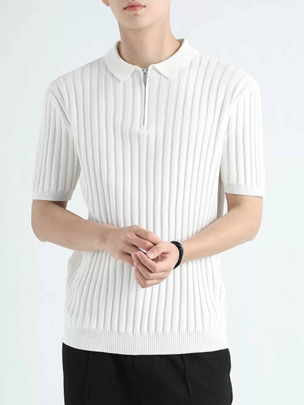 Men's Plus Size Ribbed Knit Short Sleeve Polo, image 5