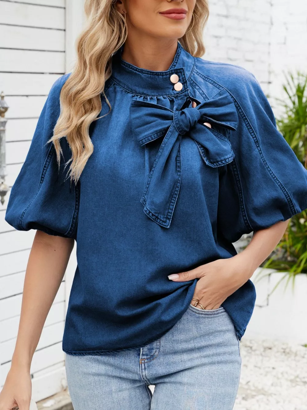 Bow Accent Puff Sleeve Denim Top, image 7