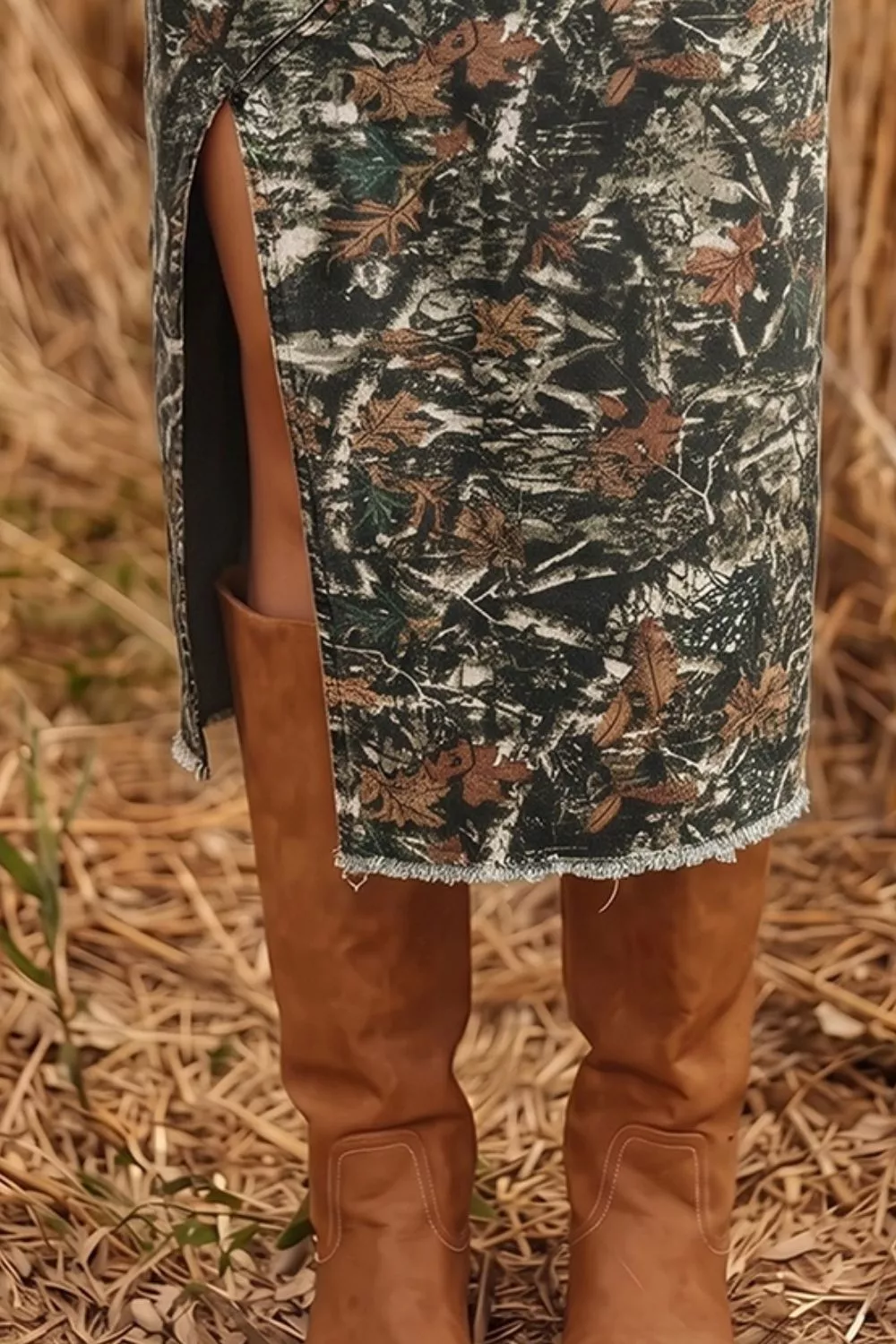 Side Slit Printed Denim Midi Skirt, image 3