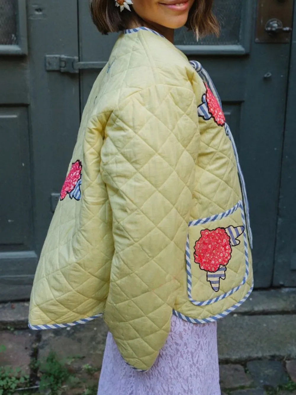 Embroidered Flower Tied Long Sleeve Winter Coat, image 2