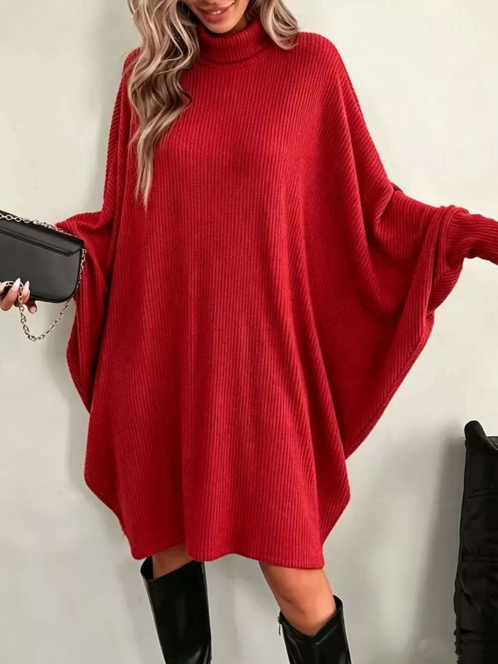 Oversized Batwing Sleeve Ribbed Knit Turtleneck Dress, image 9