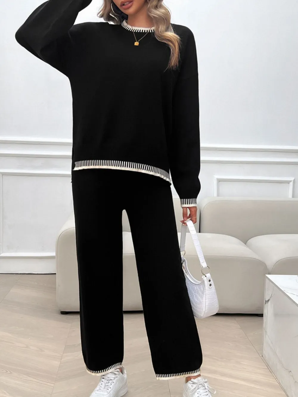 Round Neck Dropped Shoulder Top and Pants Sweater Set, image 23