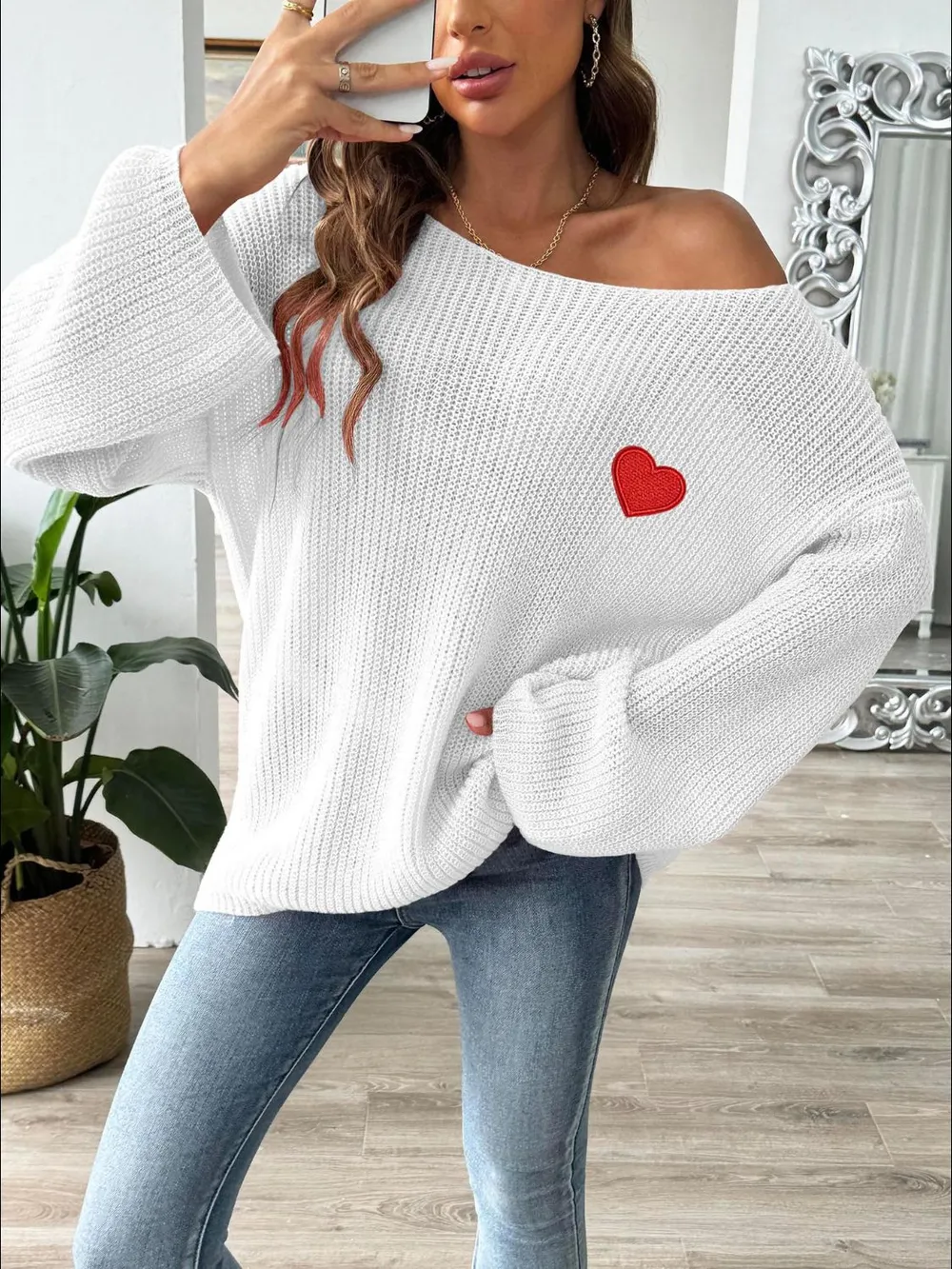 Heart Boat Neck Dropped Shoulder Sweater, image 6
