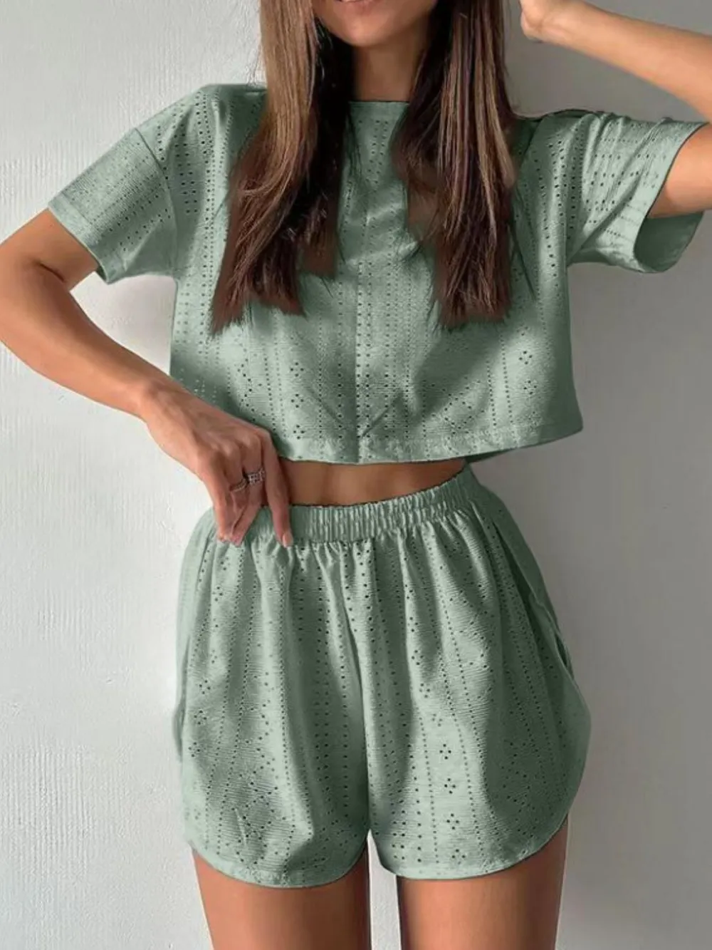 Eyelet Round Neck Top and Shorts Set, image 11