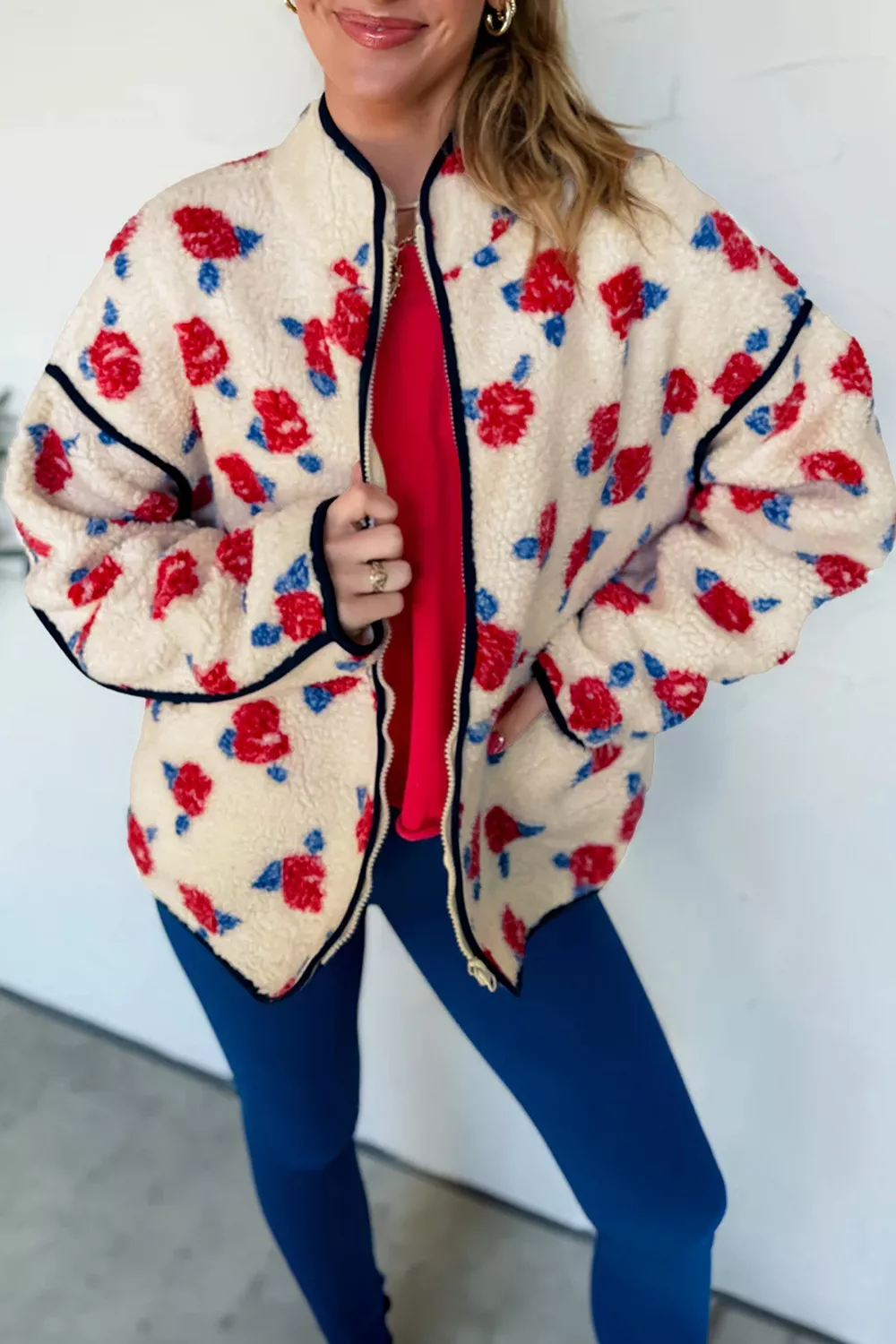 Floral Print Zipper Stand Neck Outerwear Fleece Coat, image 3