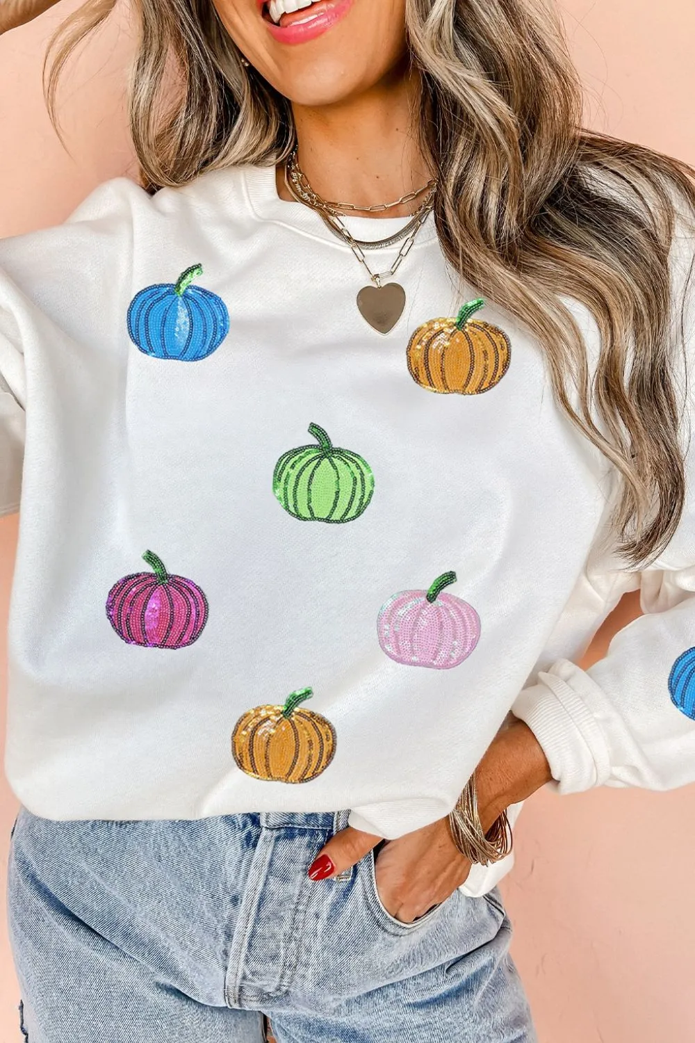 Pumpkin Round Neck Long Sleeve Sweatshirt, image 2