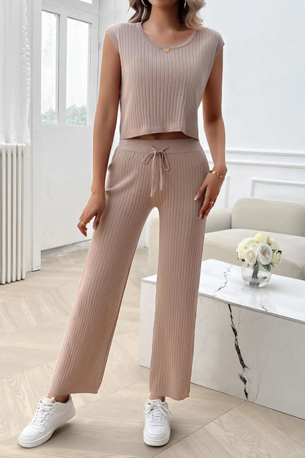 Ribbed Round Neck Top and Pants Set, image 5